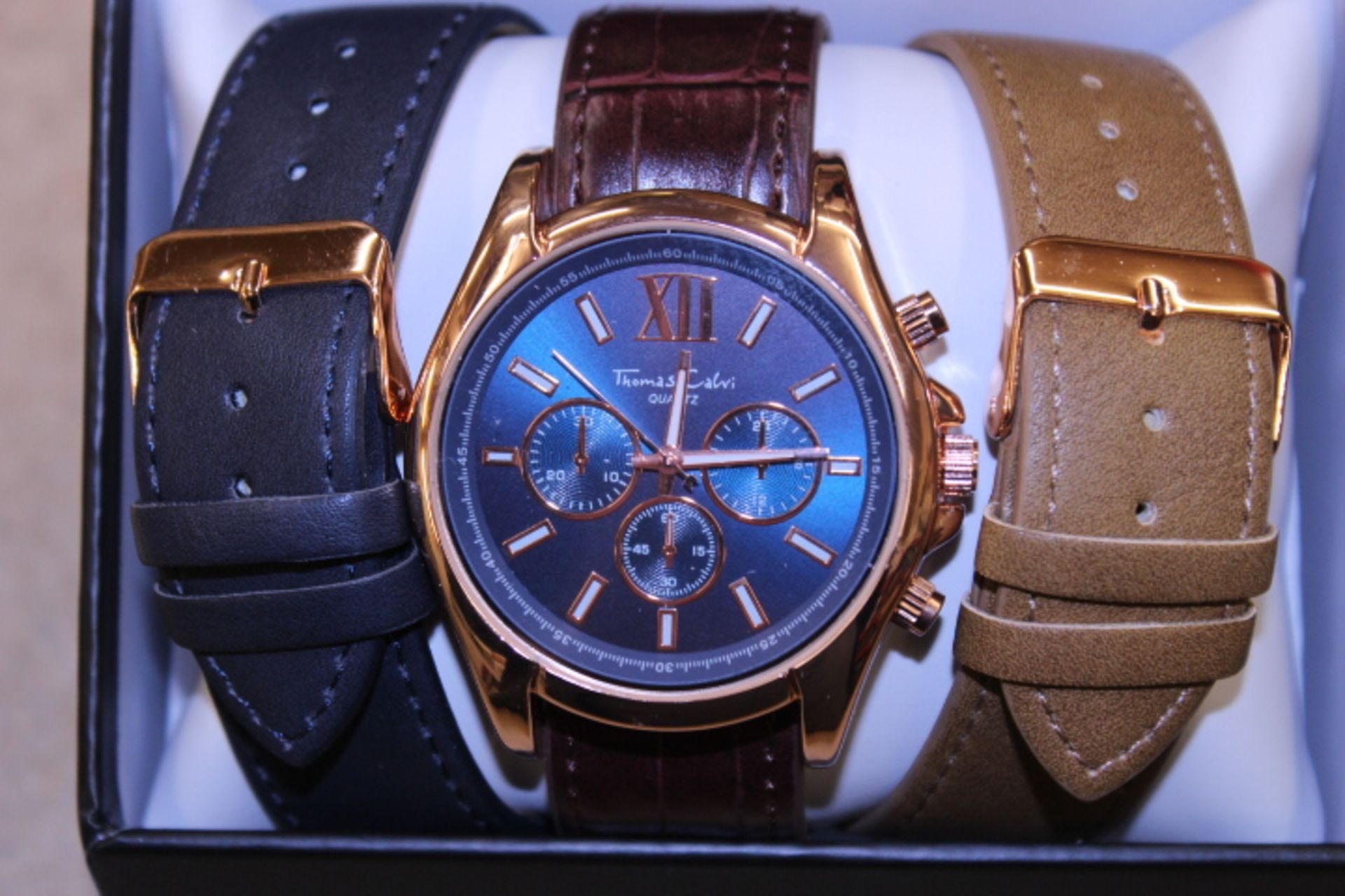 V Brand New Gents Thomas Calvi Watch - Blue Face - Two Additional Straps In Gift Box