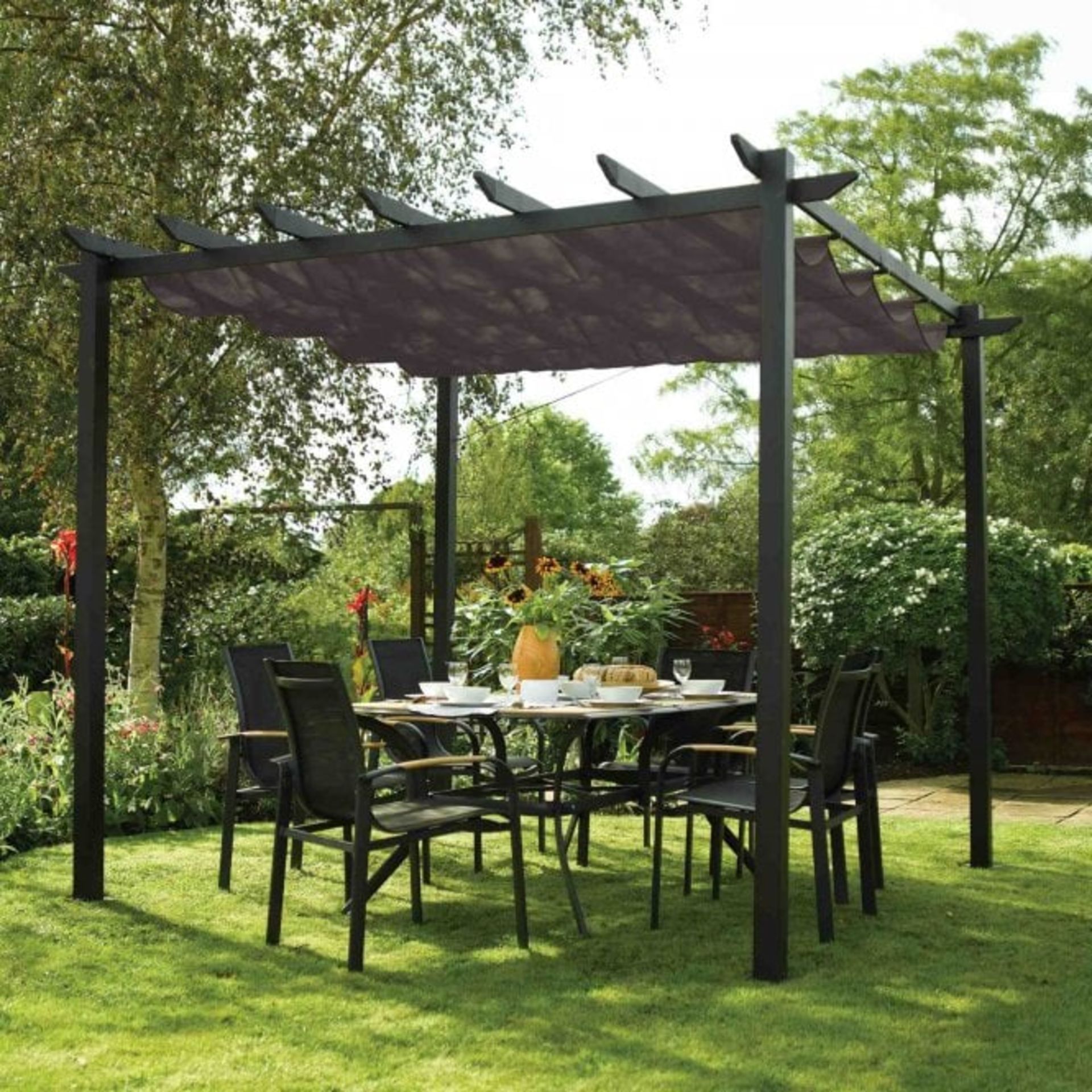 V Brand New 3m x 3m Aluminium Charcoal Grey Pergola With Zipped Cover - Sturdy Design And Folds Back