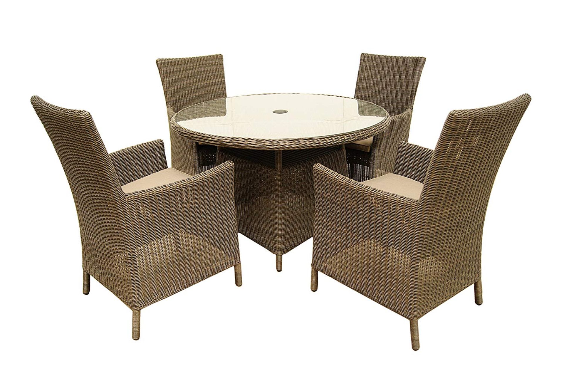 V Brand New St Tropez 120cm Round Four Seater Table With Four Carver Chairs Inc Sahara Cushion