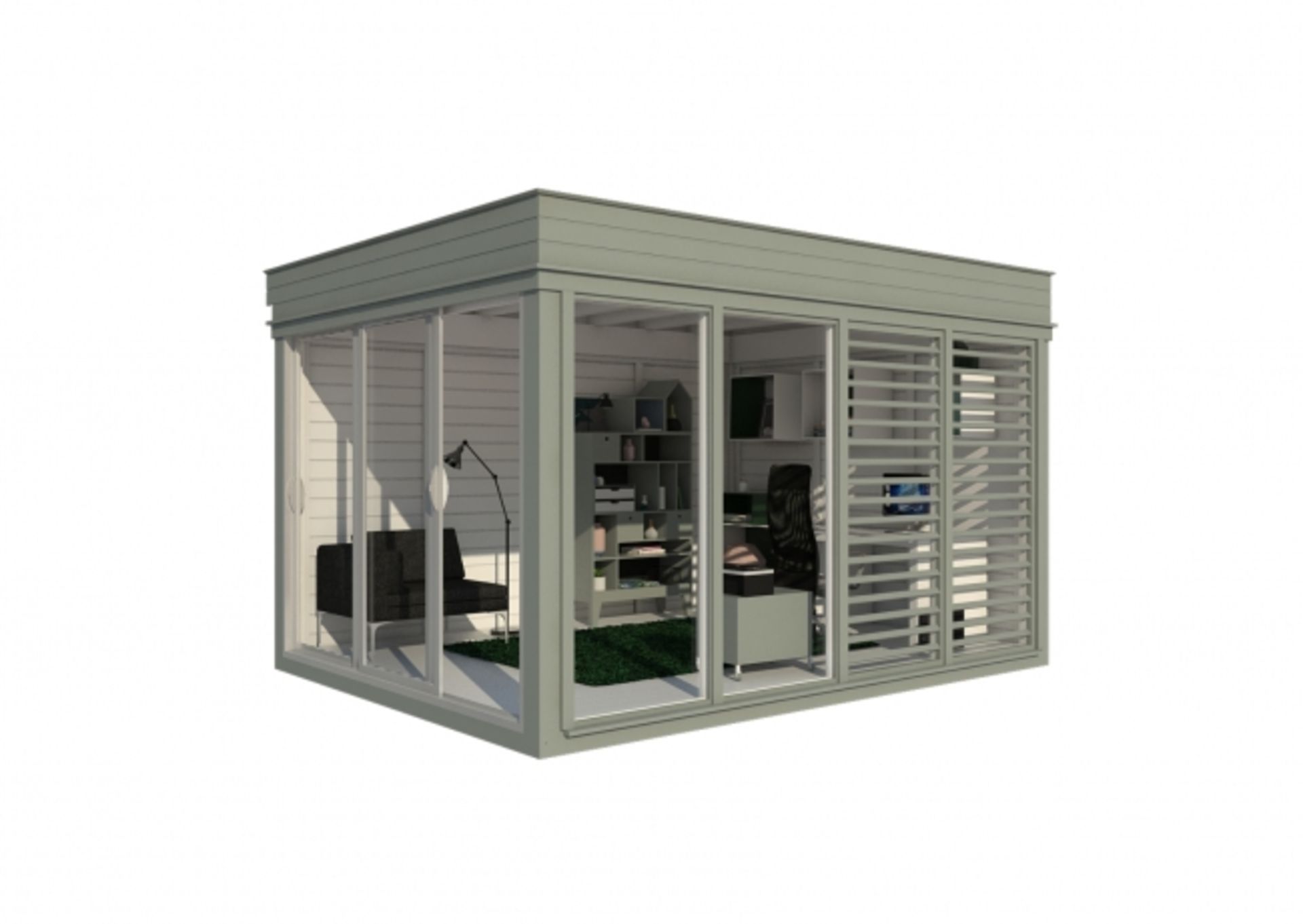 V Brand New Insulated 3m x 4m Garden Office Cube With Glass Sliding Doors - Sunscreen Sections -