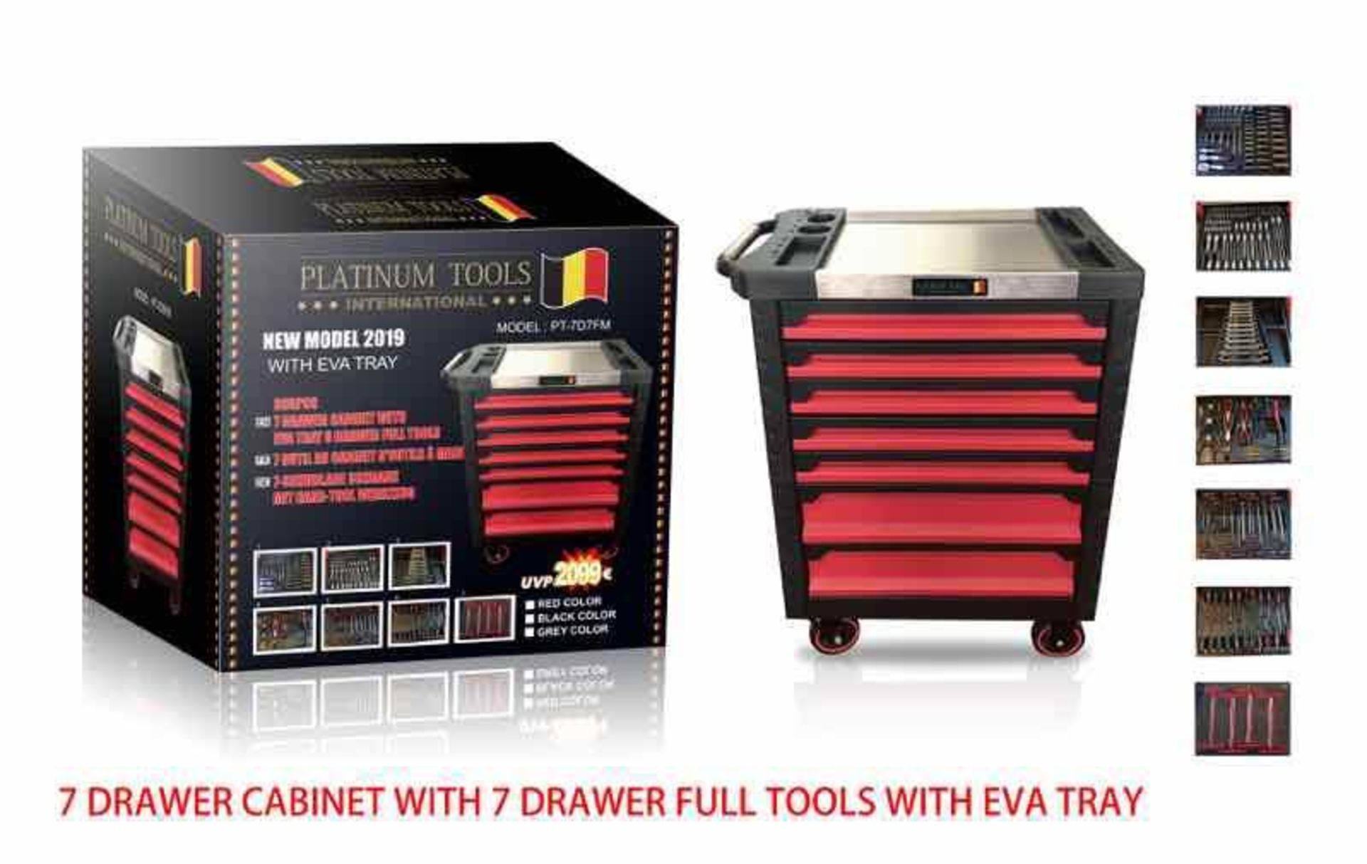 V Brand New Seven Drawer Locking Tool Cabinet With 7 Drawers Full Of Tools And Metal Tray On Top -