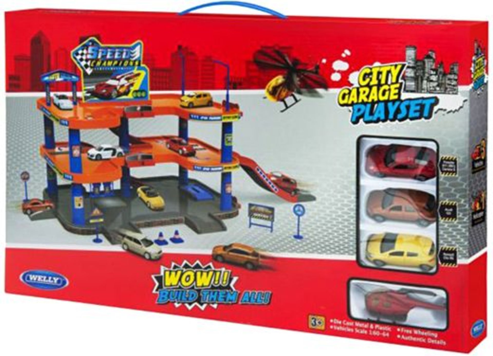 V Brand New Garage With 3 Die-Cast Cars And 1 Helicopter (item is similar to picture)