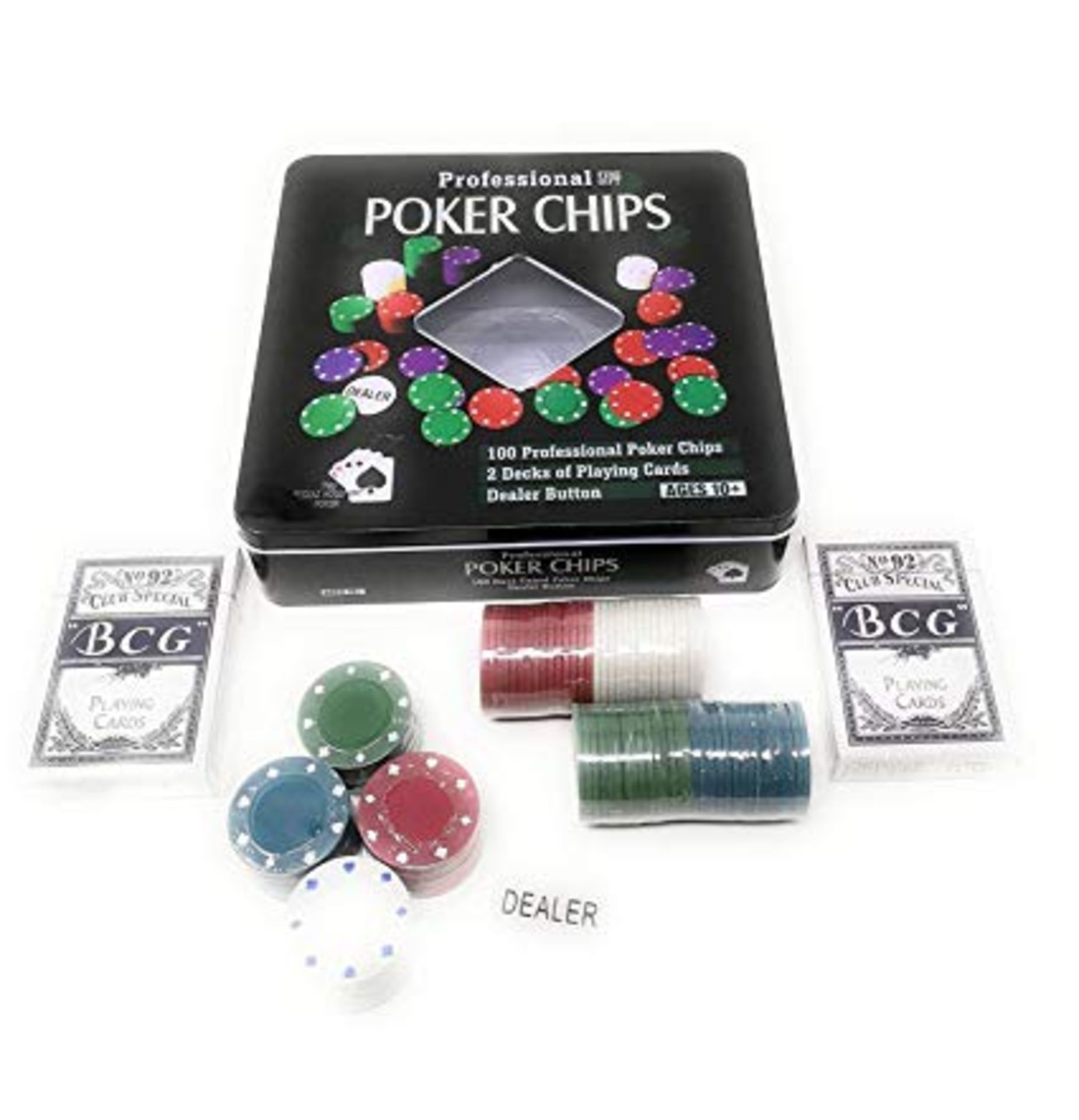 V Brand New Pro Casino Bundle - 100 Poker Chips - 2 Packs Of Playing Cards - Dealer Button In A