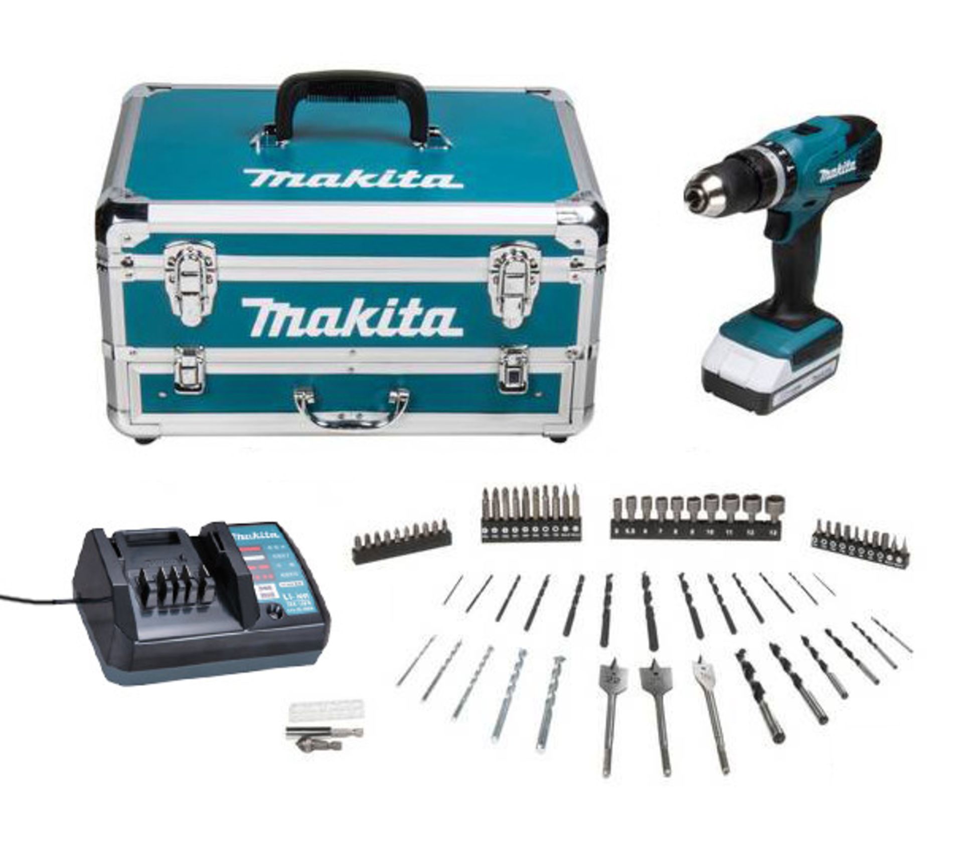 V Brand New Makita 18v Cordless Combi Drill Set Inc Battery - Charger - Aluminium Carry Case