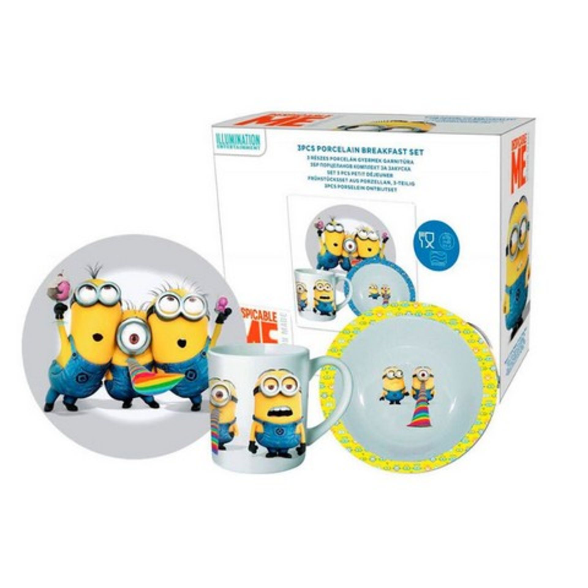 V Brand New Despicable Me 3 Piece Porcelain Breakfast Set (Minion Made!!) Includes 17 cm Bowl - 19