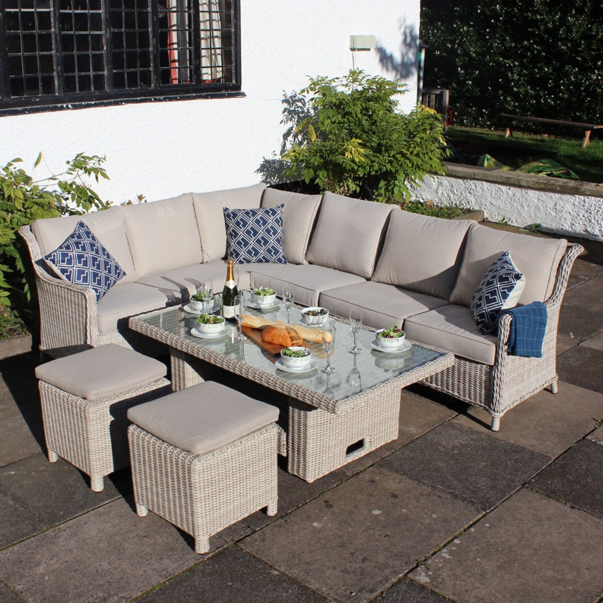 V Brand New Luxury Rattan Corner Dining Set With Adjustable Table - Includes Two Stools & Weather - Image 2 of 2