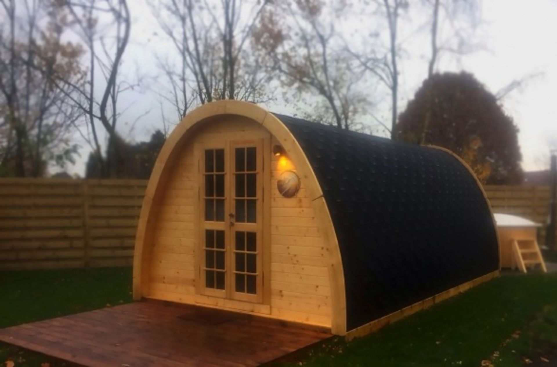 V Brand New Insulated Extra Large 3.2 x 5.8m Spruce Camping Pod - French Style Double Glazed Door