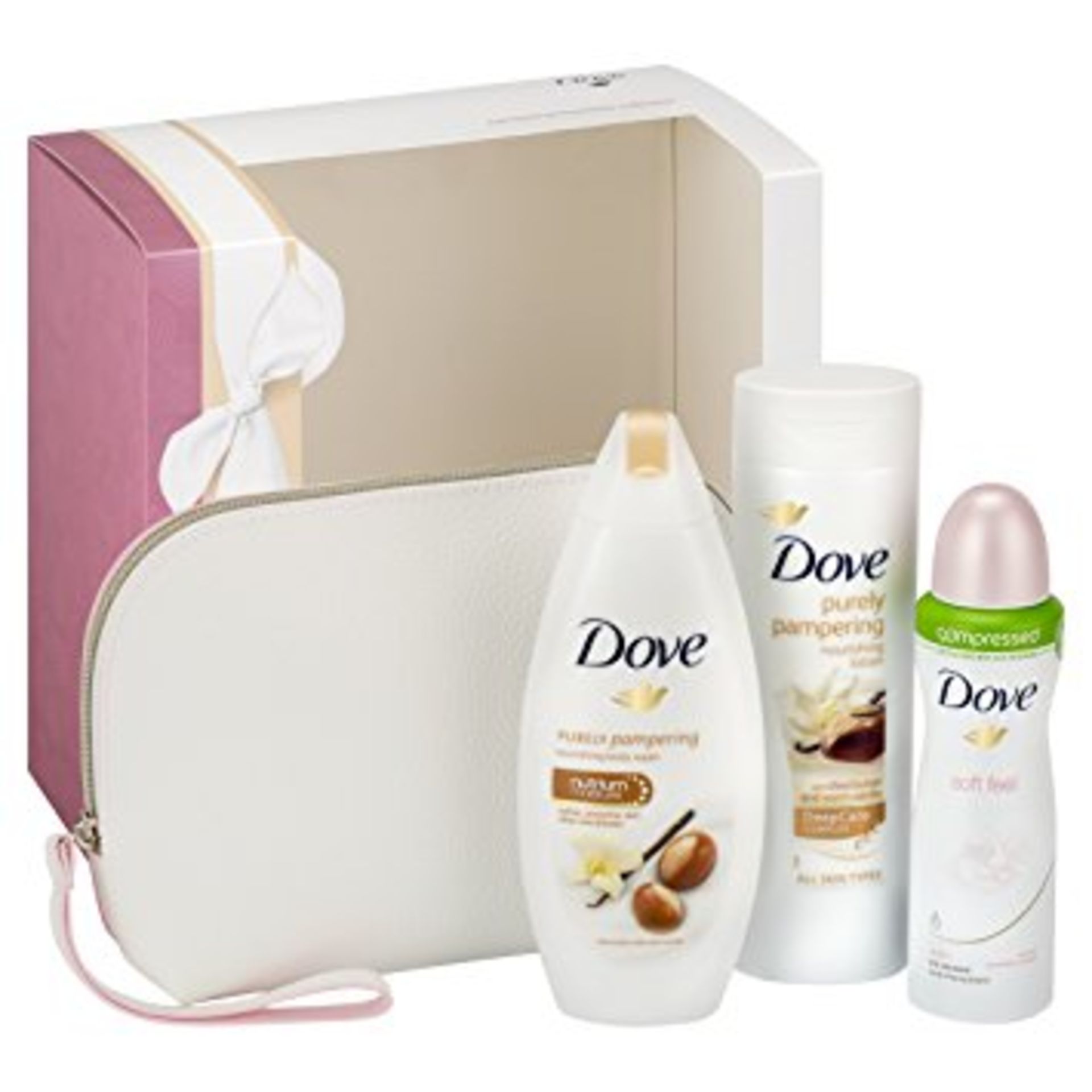 V Brand New Dove Pampering Moments Trio & Washbag Set Includes 3 Full-Size Dove Products