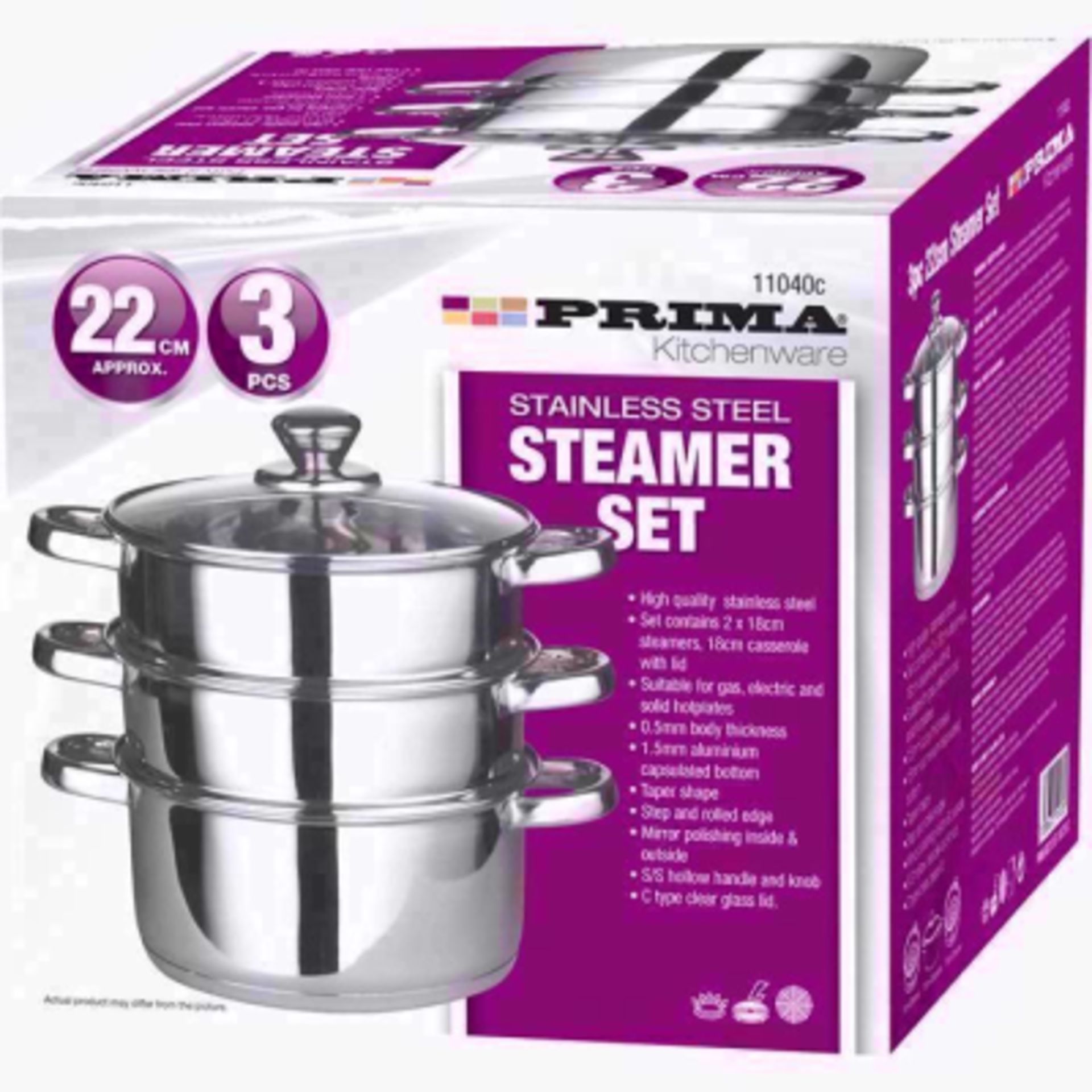 V Brand New Three Piece 22cm Stainless Steel Steamer Set Consists Of 2 X22cm Steamers & 22cm - Image 2 of 2