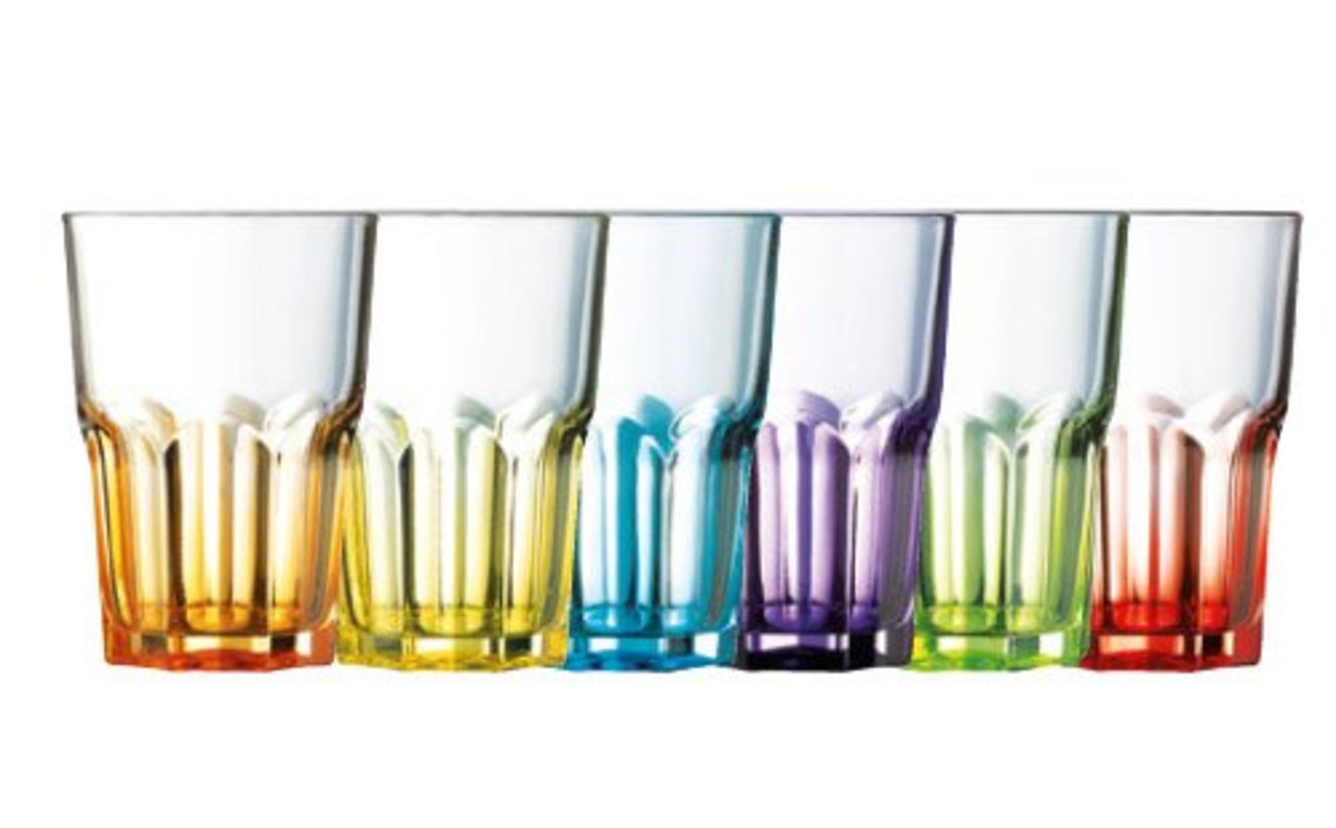 V Brand New Set Of 6 Luminarc Assorted Highball Glasses 40cl - In A Range Of Colours - Dishwasher