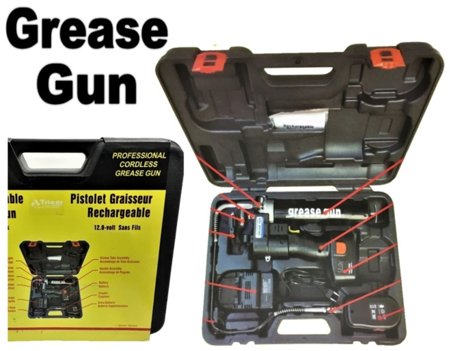 Brand New 12v Professional Cordless Rechargeable Grease Gun With 2x Batteries-Fast Charge-Flexible