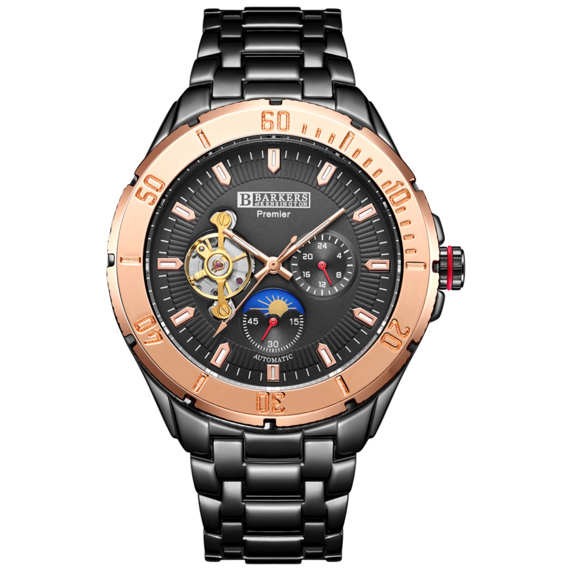 V Brand New Fabulous Barkers Of Kensington Gents Premier Automatic Rose Watch - Black Bracelet Strap