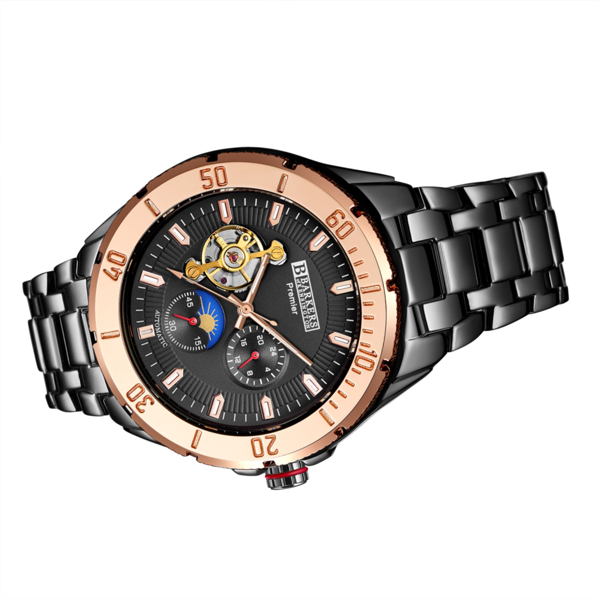 V Brand New Fabulous Barkers Of Kensington Gents Premier Automatic Rose Watch - Black Bracelet Strap - Image 3 of 4