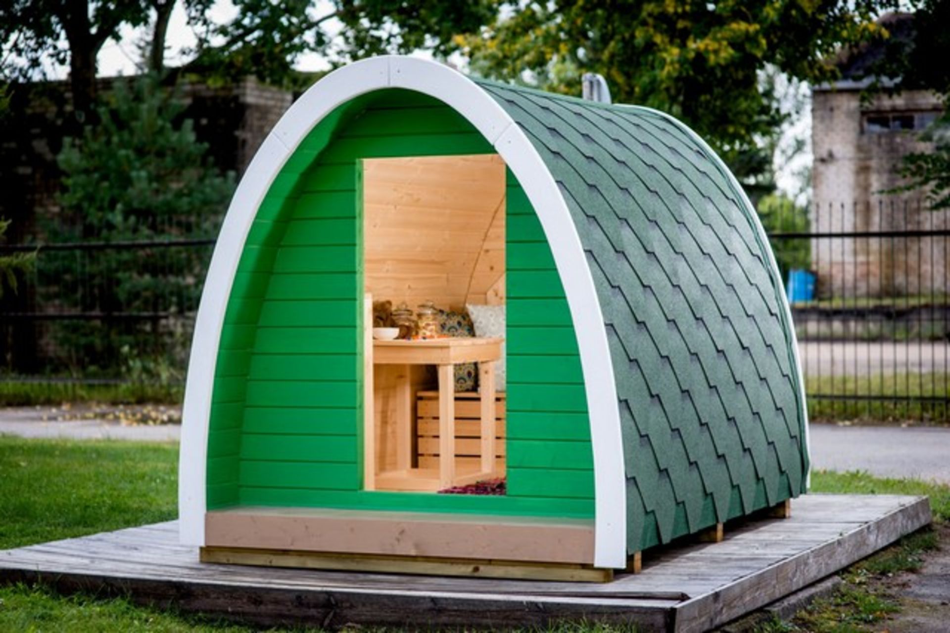 V Brand New 2.88m sq Camping Pod for Children - 1.83m in Height - Bitumen Shingle Covered Roof -