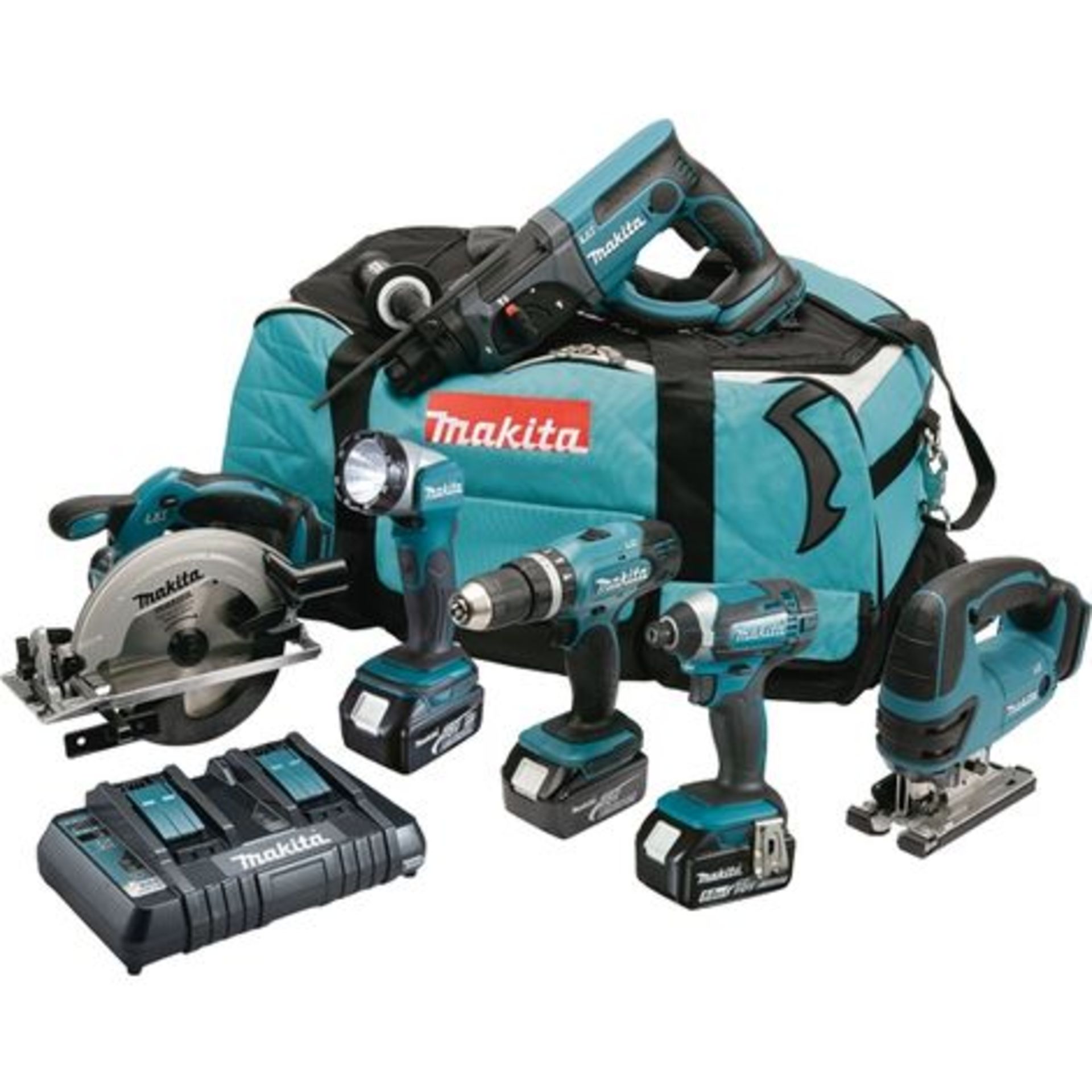 V Brand New Makita 18v 6pc Combo Kit Inc 18v Combi Drill + Cordless Imapct Driver + SDS+ Rotary