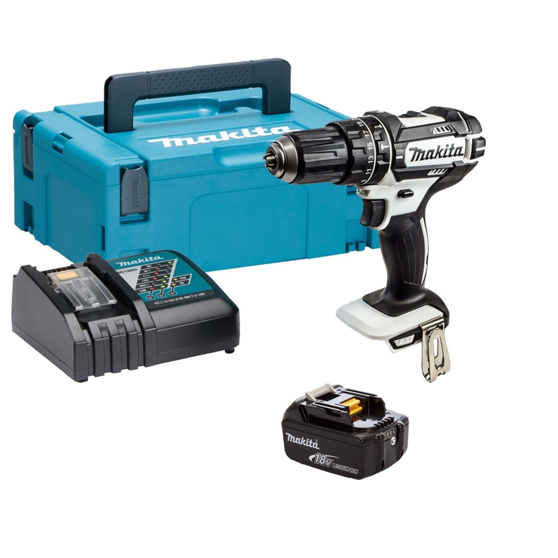 V Brand New Makita 18v Anniversary Combi Drill + 3.0Ah Battery & Charger + Blue Makita Stackable