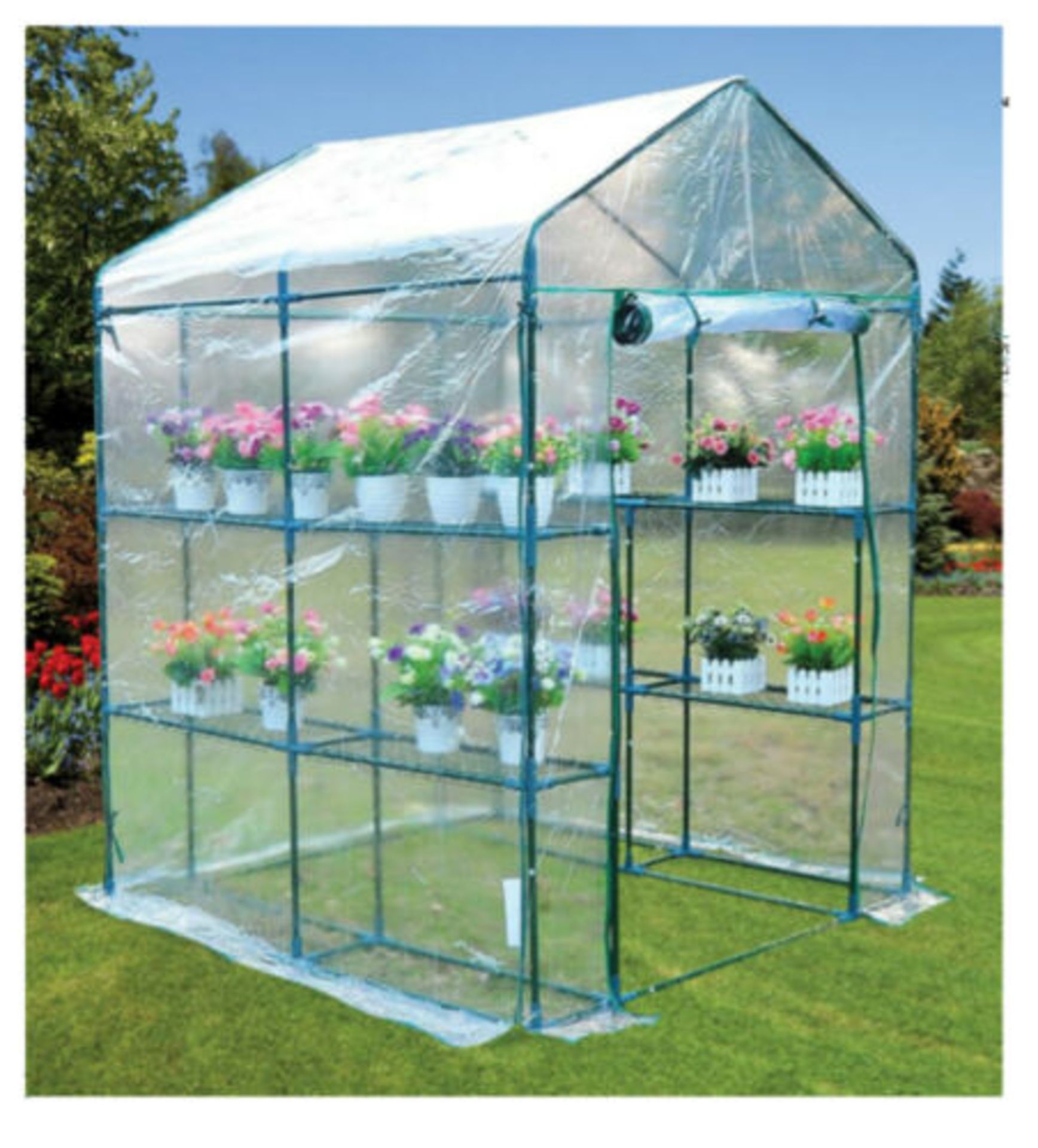 V Brand New Walk-in Greenhouse With 8 Shelves And Zip Cover - Approximately 143x143x195cm - Ideal