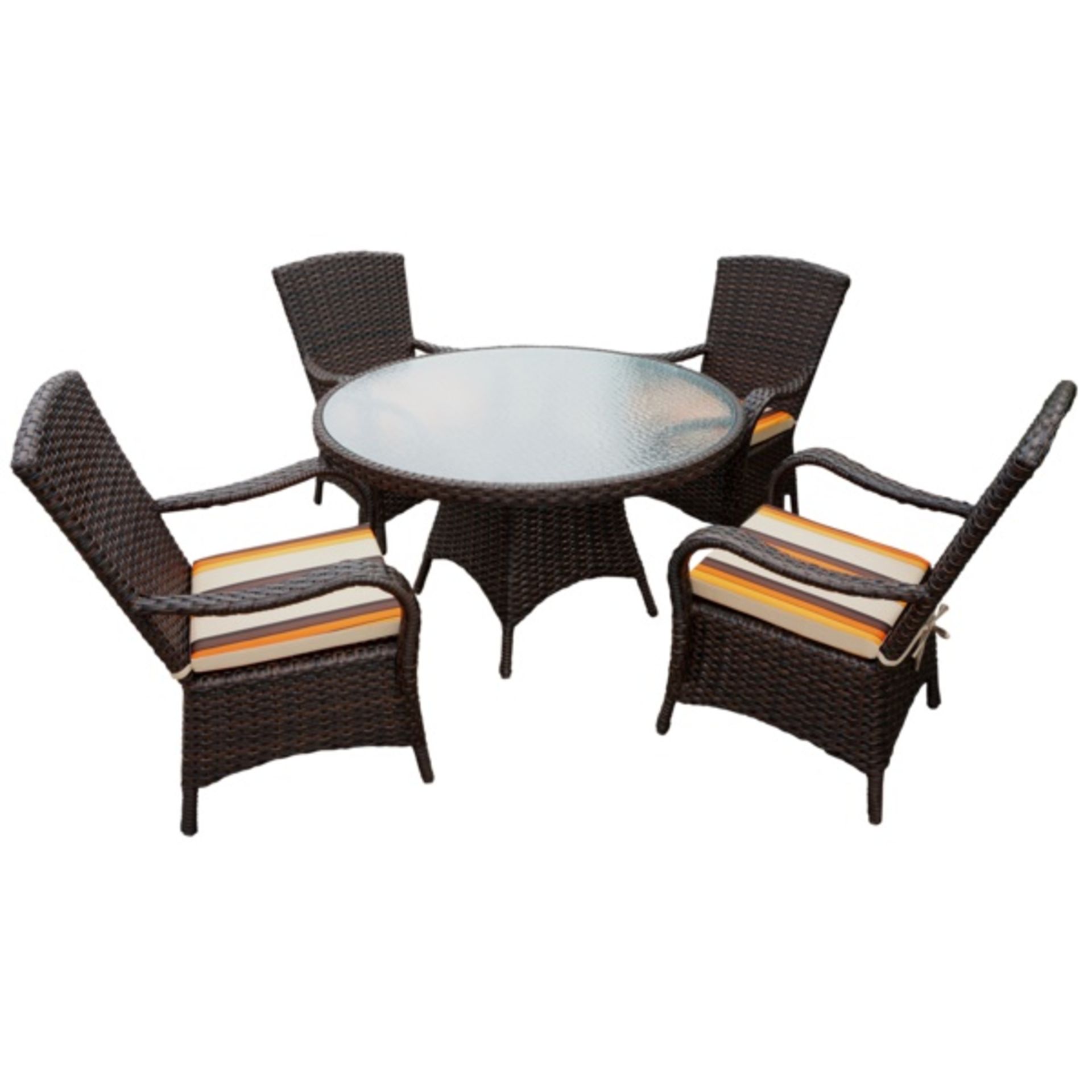 V Brand New BROWN RATTAN ROUND 120CM TABLE SET WITH 4 CHAIRS & LUXURY OUTDOOR PERFORMANCE CUSHIONS