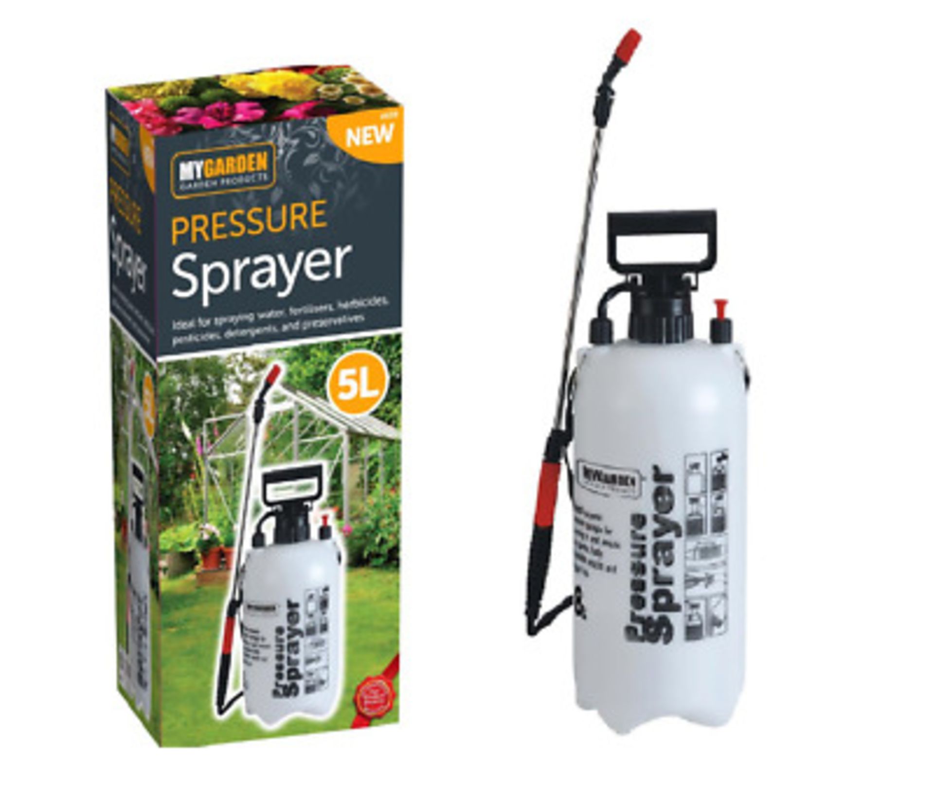 V Brand New 5L Garden Pressure Sprayer - Ideal For Spraying Water - Fertilisers - Herbicides -