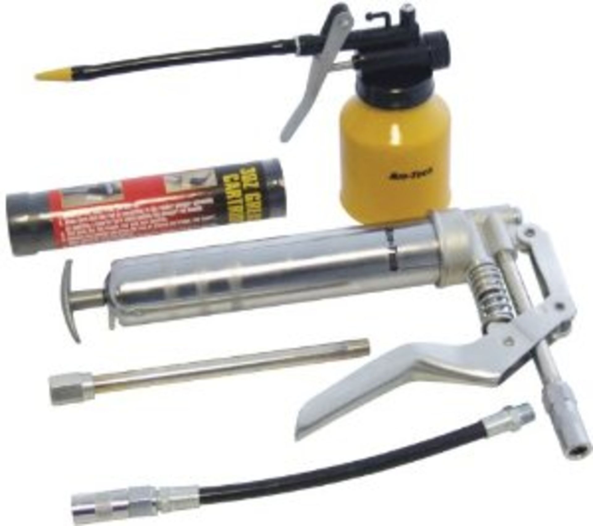 V Brand New 4 Piece Grease Gun Set Includes Grease Cartridge and High Pressure Oil Can