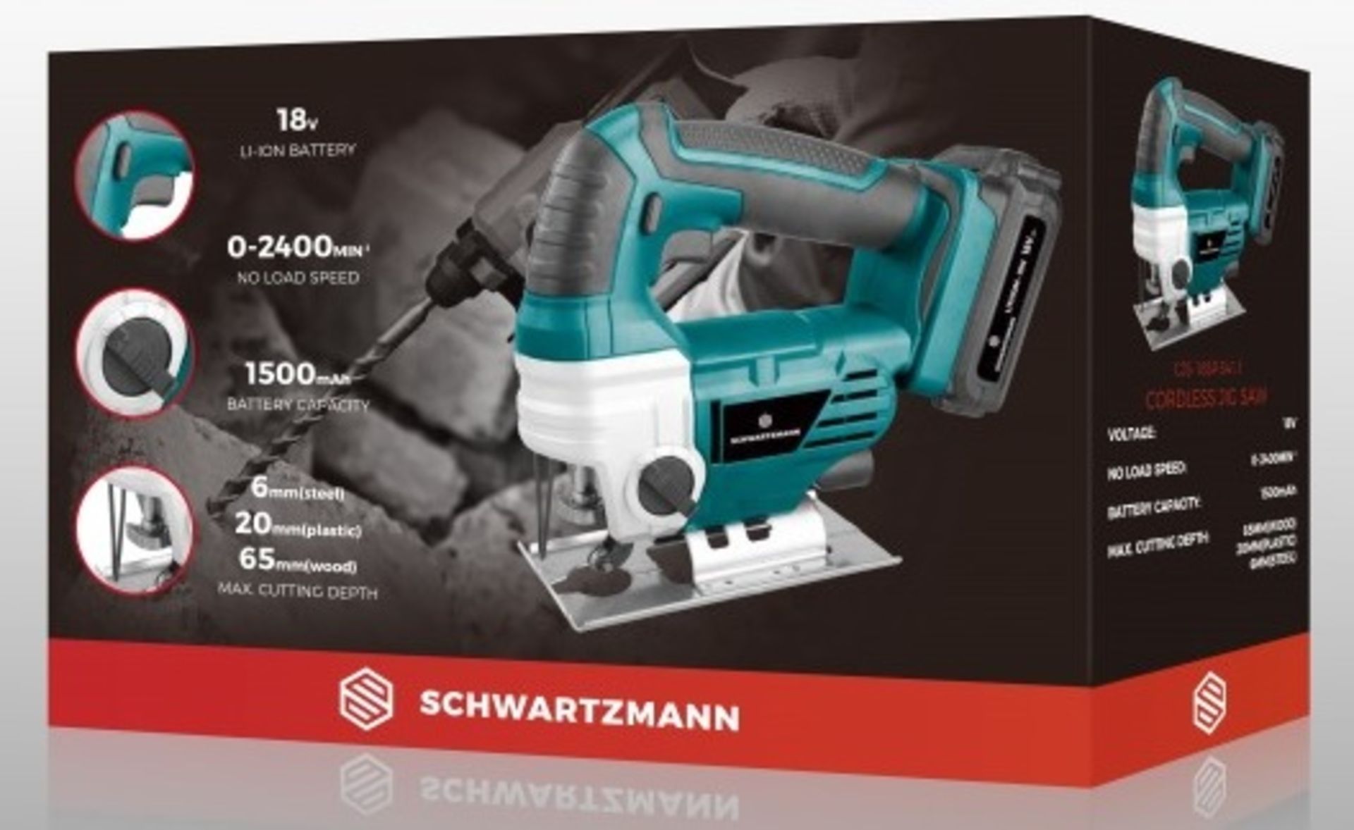 V Brand New Schwartzmann 18V Cordless Jigsaw - 1500mAh Battery Capacity -No Load Speed - 1hr Quick