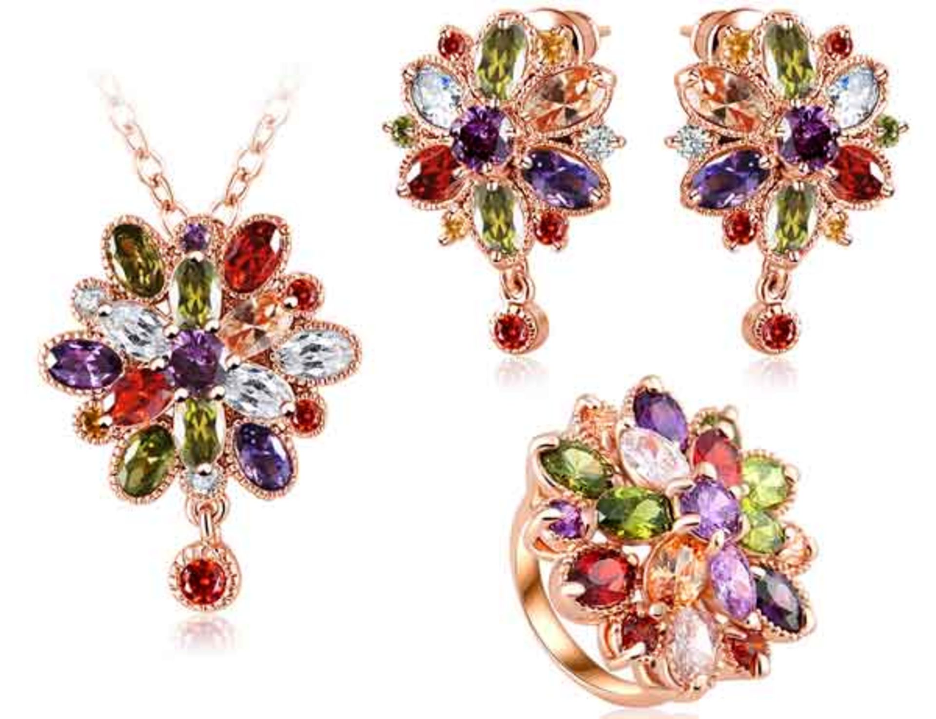 V Brand New Rose Colour Multi Stone Earring - Ring and Necklace set
