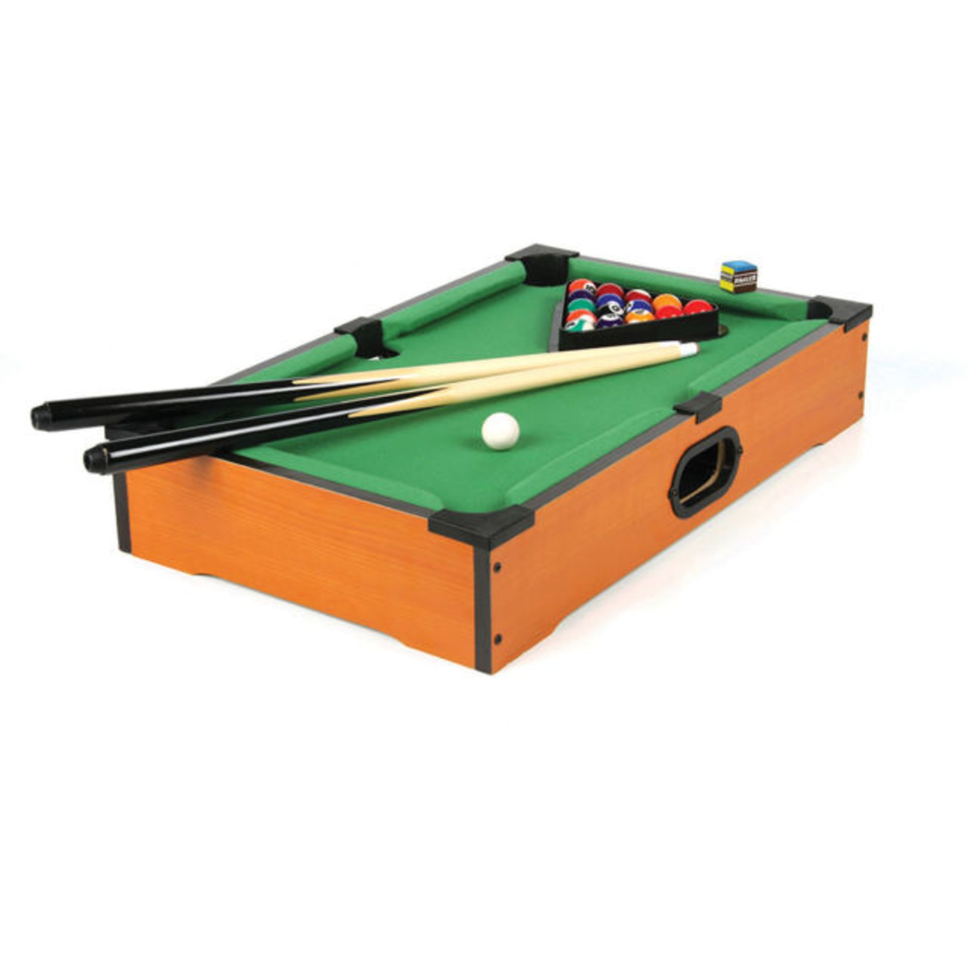 V Brand New Table Top Pool - eBay Price £29.41 - Coloured & Numbered Balls Inc Cue Ball - 2 Pool Cue
