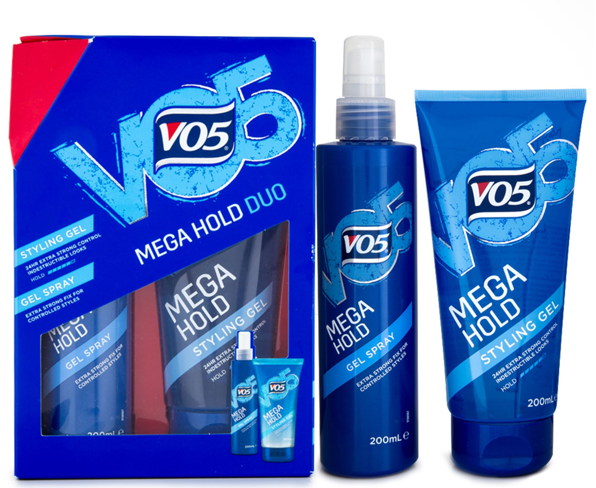 V Brand New Vo5 Mega Hold Duo Gift Set Inc 24HR Extra Strong Control Styling Gel & Extra Strong
