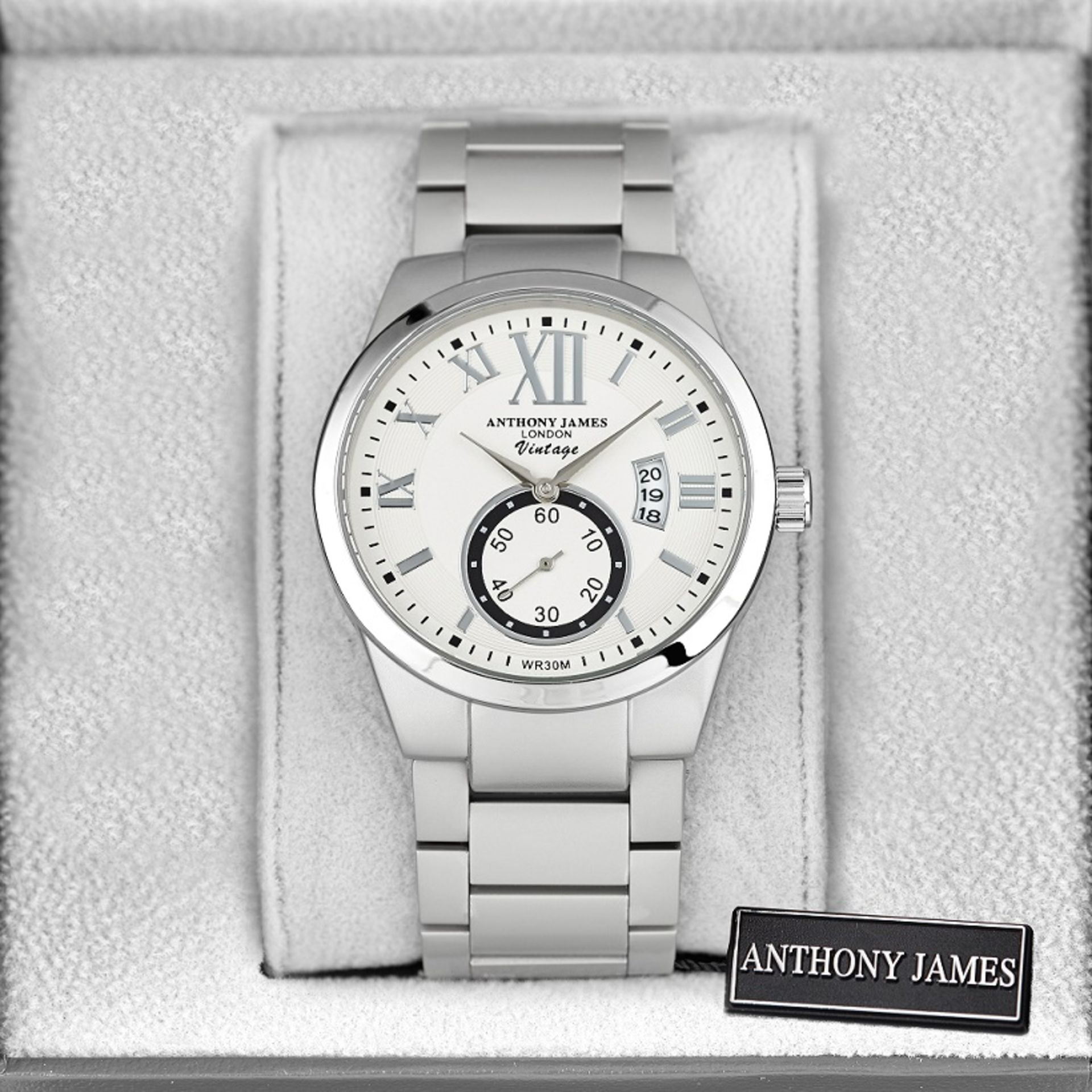 V Brand New Gents Anthony James "Vintage" Stainless Steel Watch With White Face - Date - Separate - Image 2 of 3