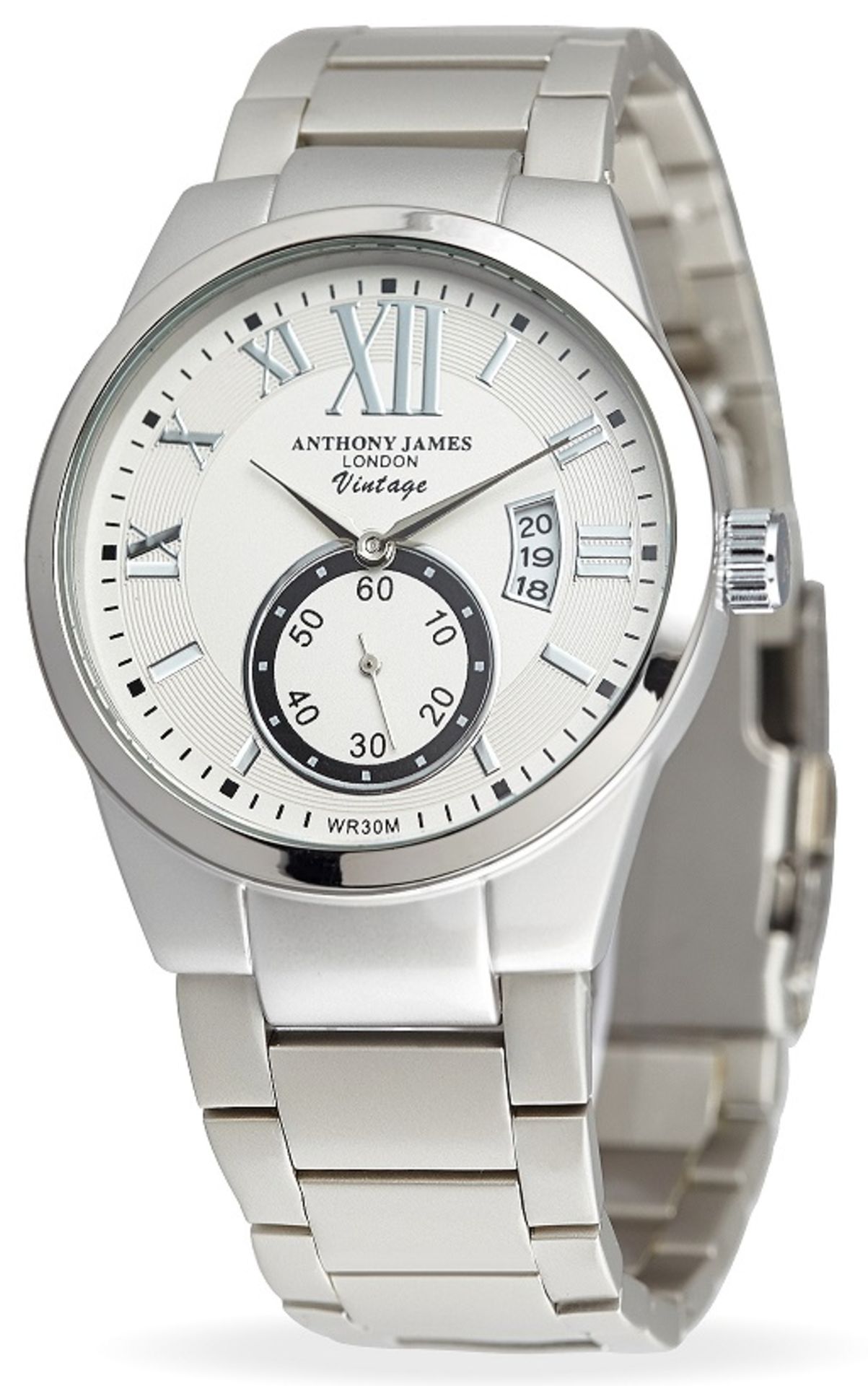 V Brand New Gents Anthony James "Vintage" Stainless Steel Watch With White Face - Date - Separate