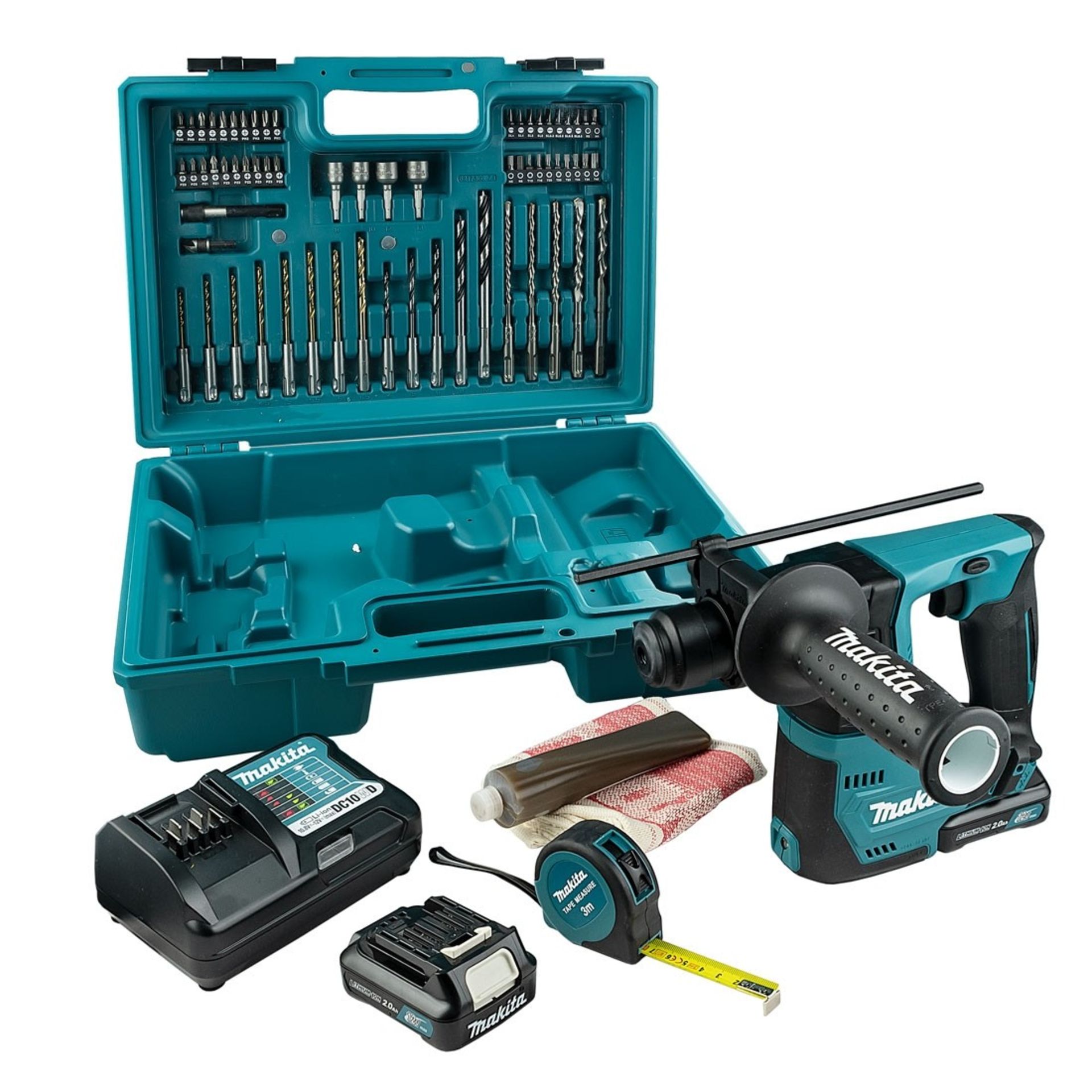 V Brand New Makita Cordless Rotary Hammer Drill - 12v - Two Batteries - Charger Plus 65 Piece