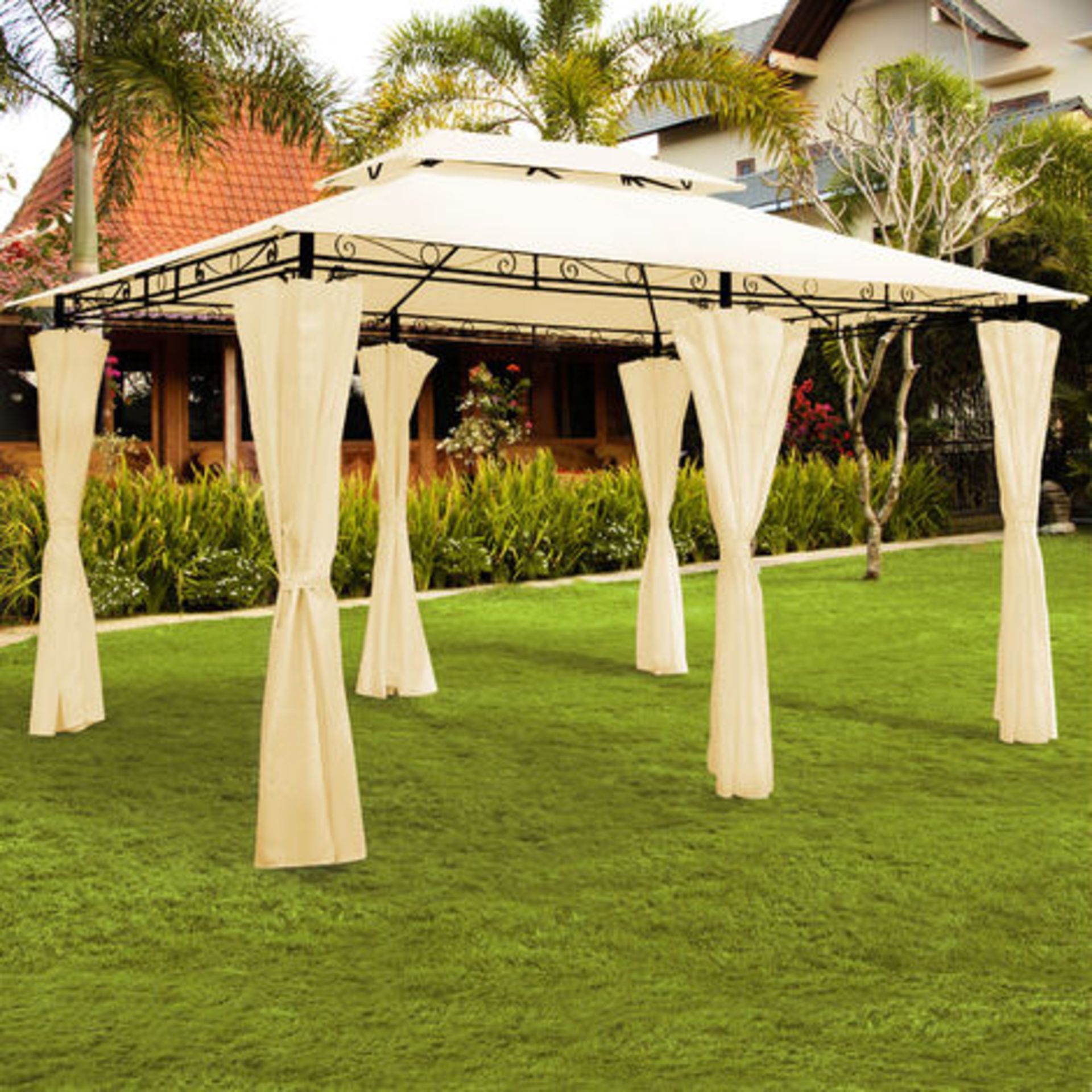 V Brand New 3m x 4m Cream Powder Coated Garden Canopy/Gazebo With Curtains And Integrated Air