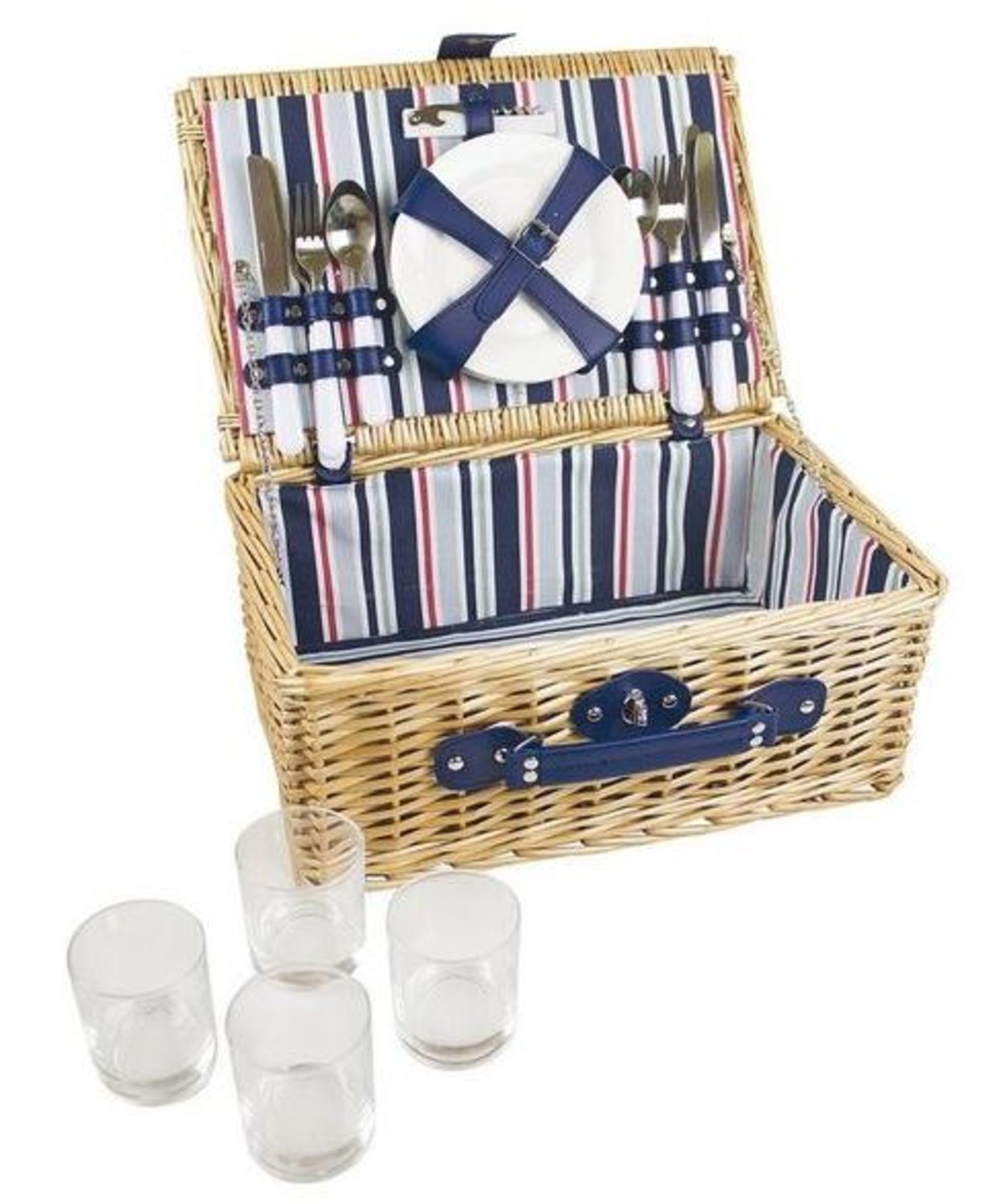 V Brand New Four Person Wicker Camping Picnic Basket including cutlery - glasses - plates -