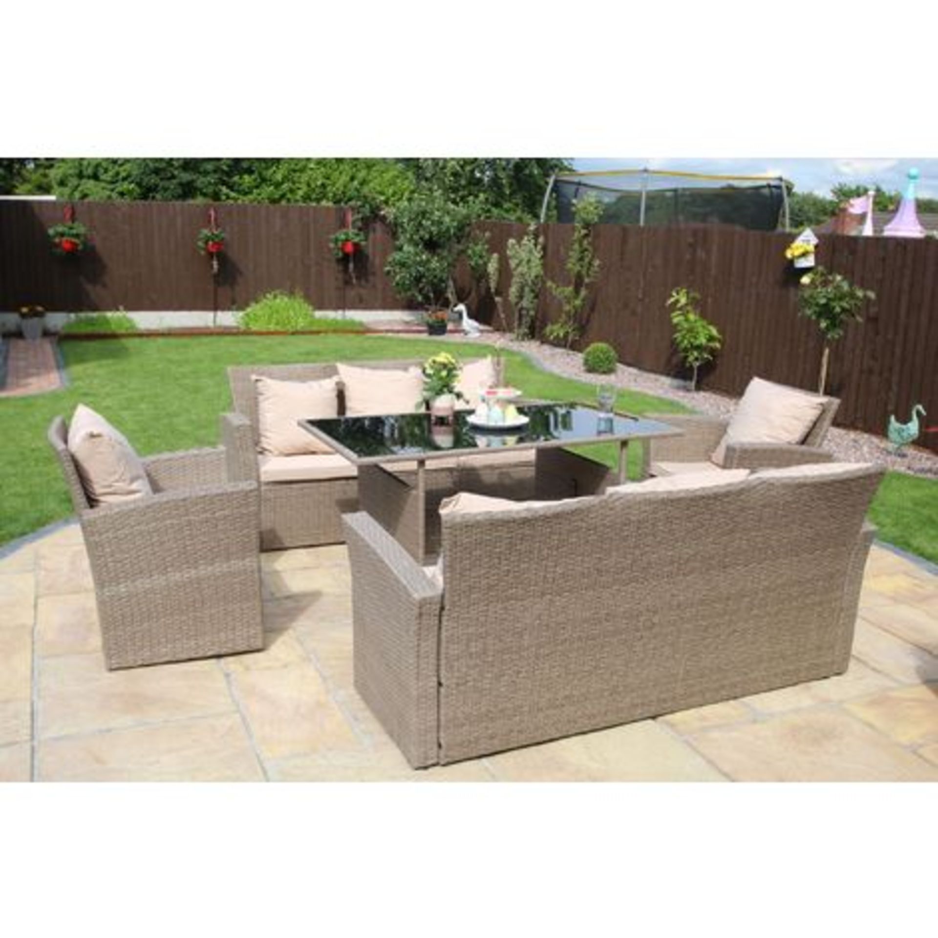 V Brand New 8 Seater Rattan Garden Dining Set Including 2 x Three Seater Sofas + 2 x Armchairs +