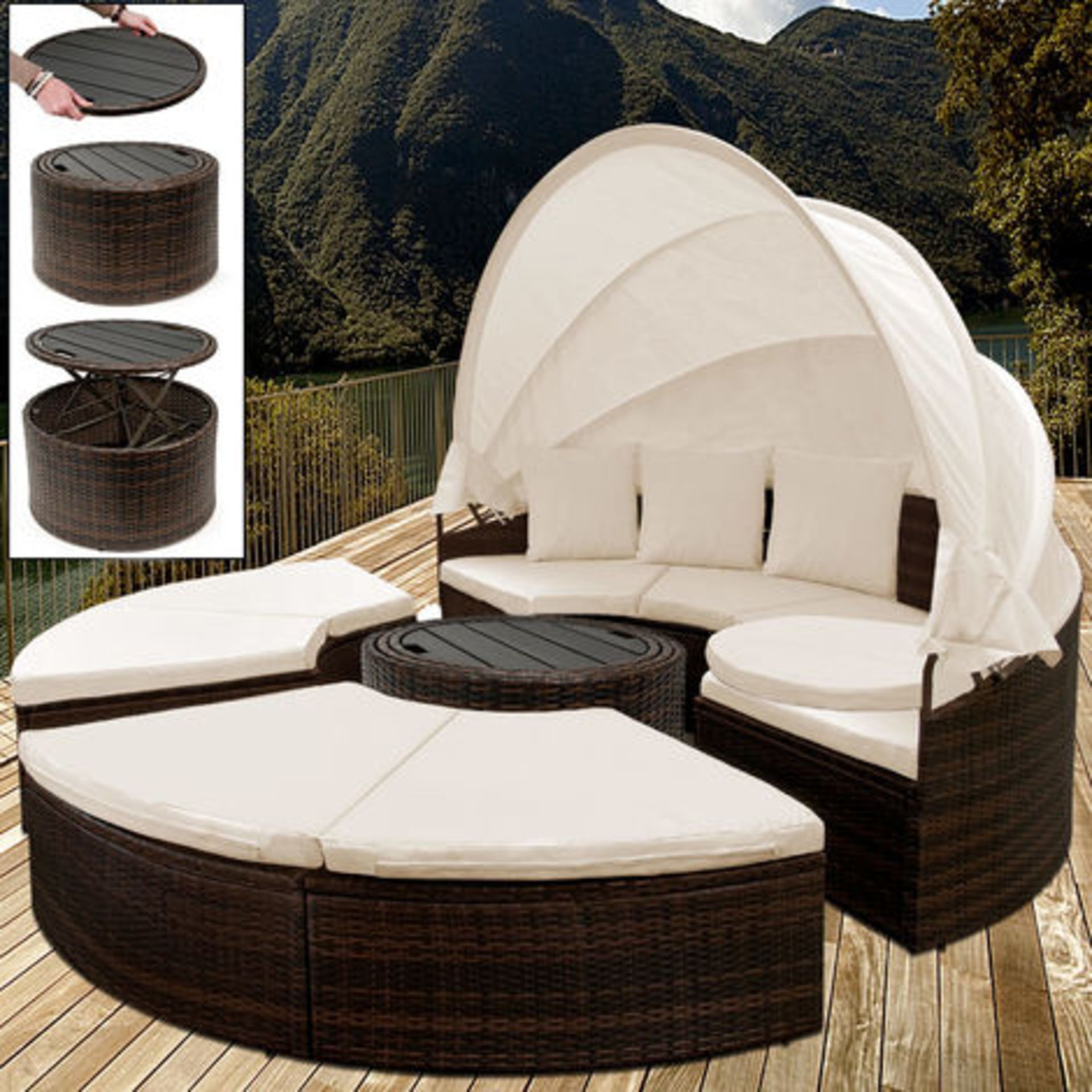 V Brand New Rattan Day Bed With Retractable Canopy & Telescopic Table - Includes Removable Water