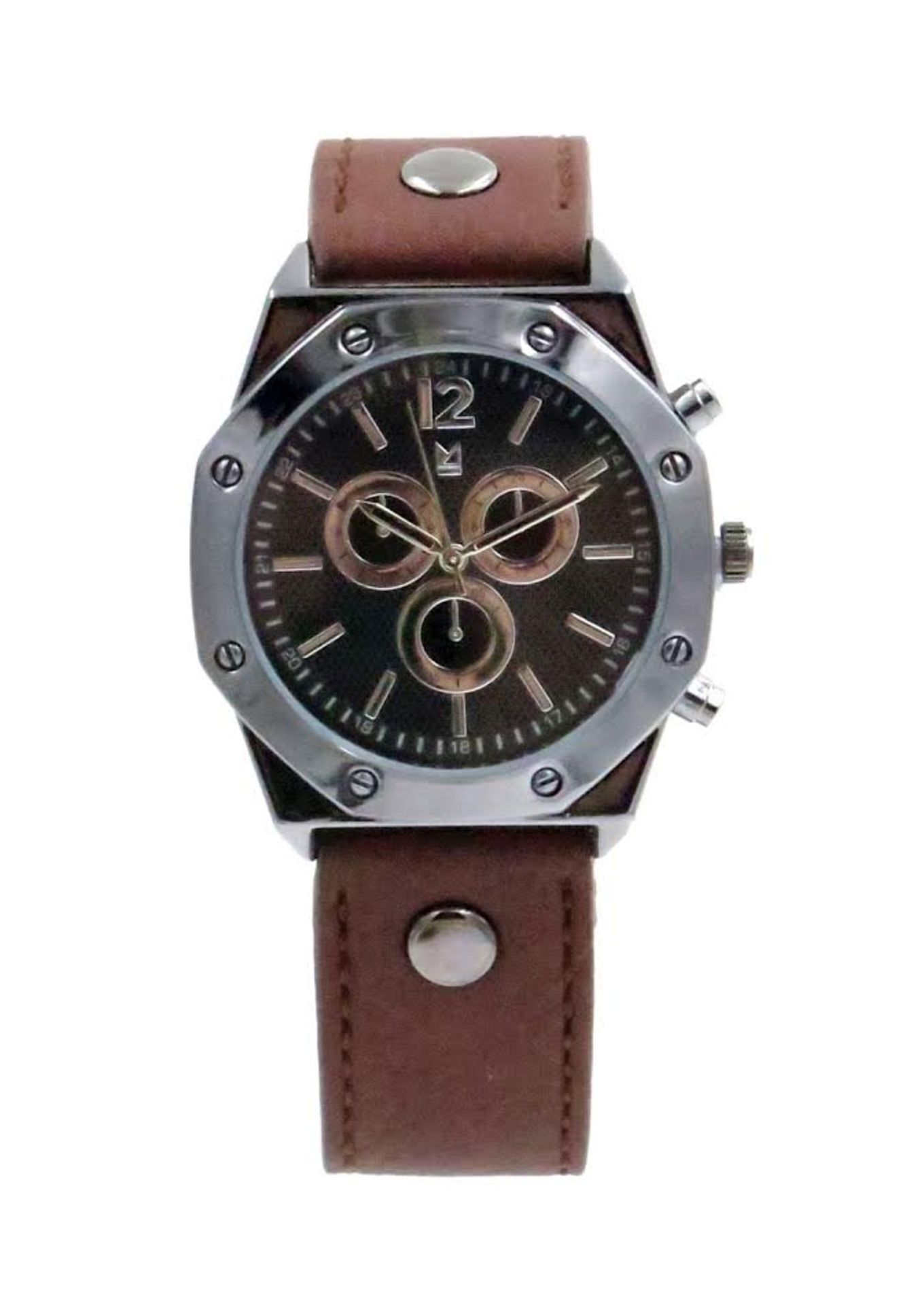 V Brand New Gents Octagonal Shaped Watch - Gunmetal Black Bezel - Black Face - Brown Strap