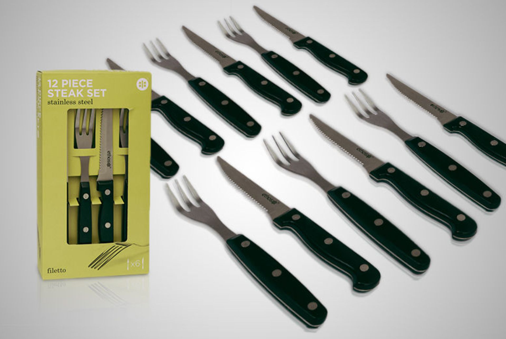 V Brand New 12 Piece Filetto Stainless Steel Steak Knife and Fork Set