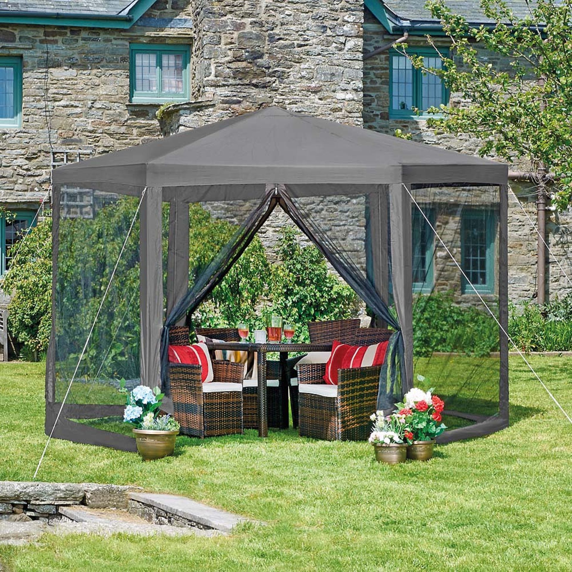 V Brand New Hexagonal Summer Gazebo 1.8 x 1.8 x 1.8 Waterproof Roof With Net Side Walls ISP £89.