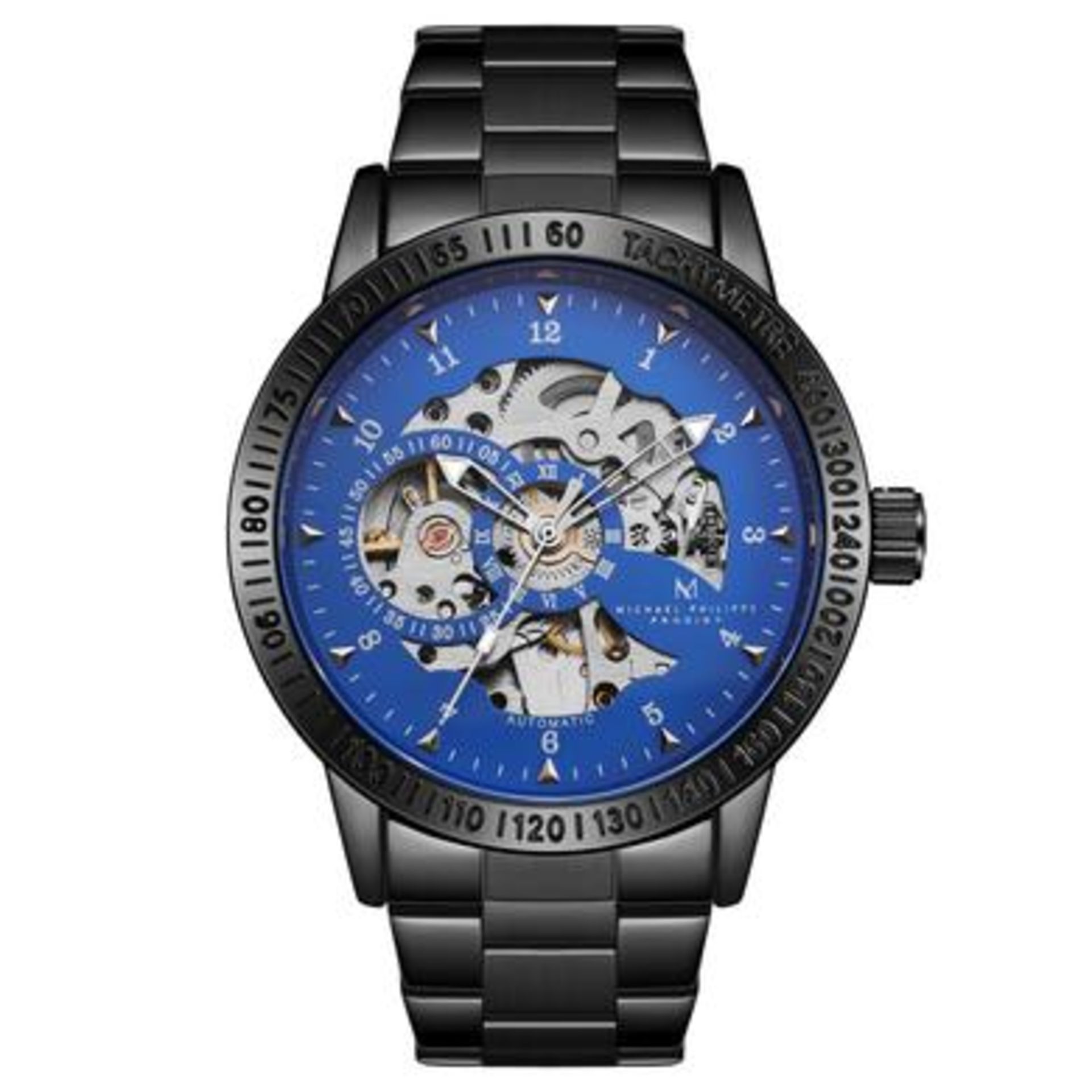 V Brand New Michael Philippe Prodigy Blue Face Automatic Skeleton Style Gents Bracelet Watch £209.99