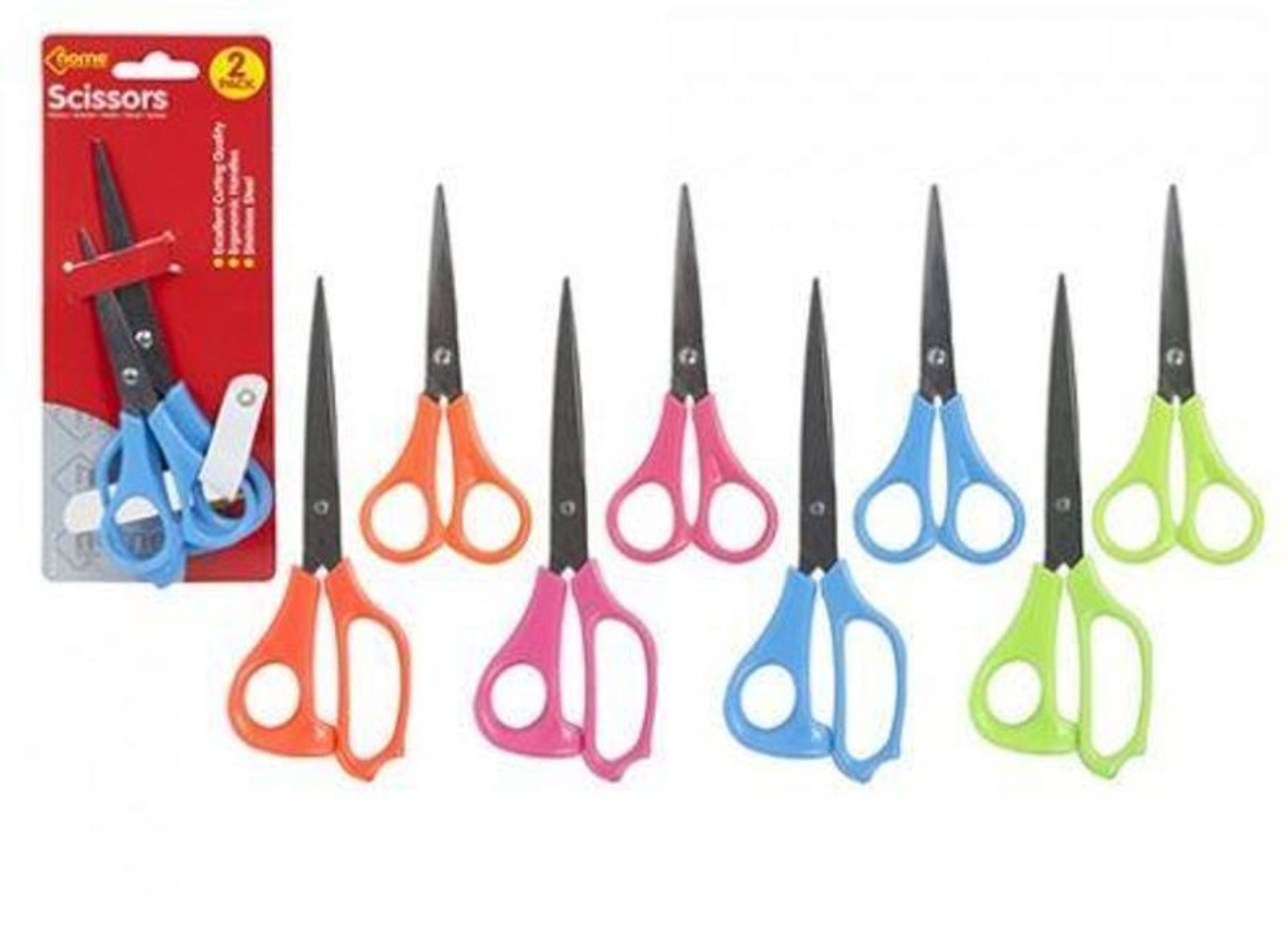 V Brand New Three Packs Of Two Neon Colour Scissors On PVC Coated Backing Card