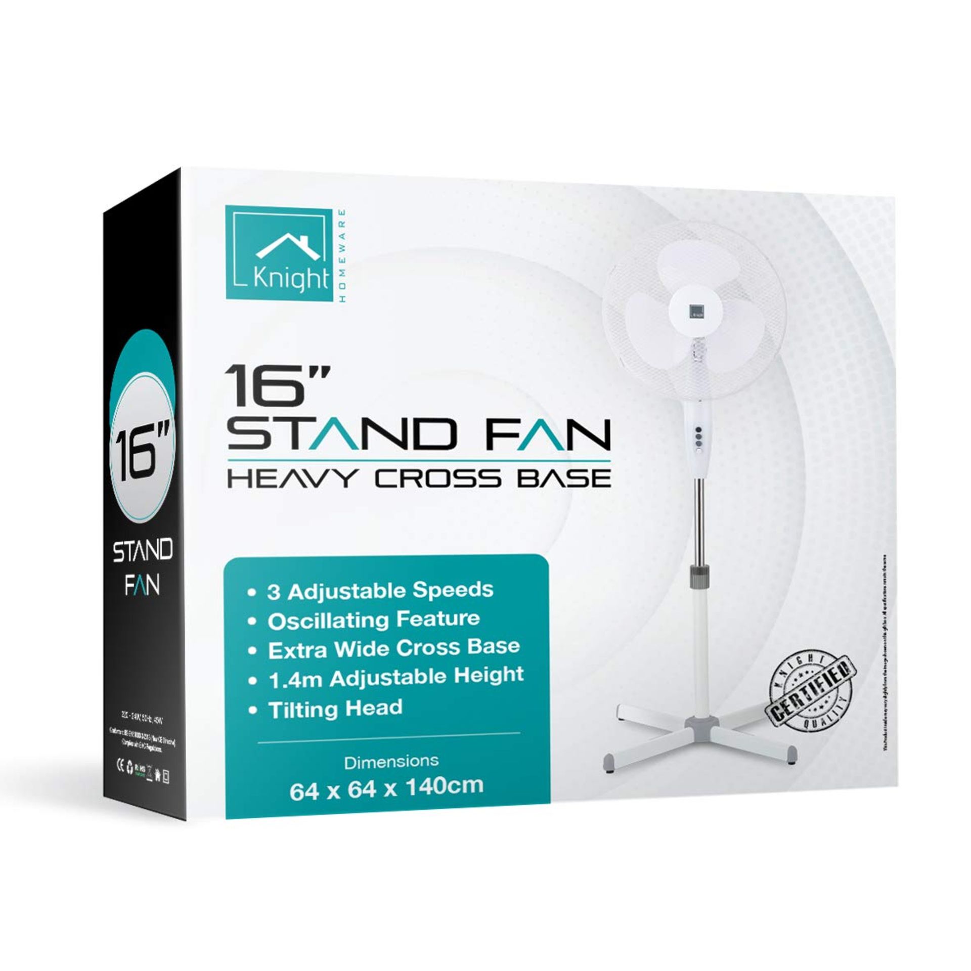 V Brand New Knight 16 Inch Stand Fan - Three Adjustable Speeds, Oscillating features And An Extra