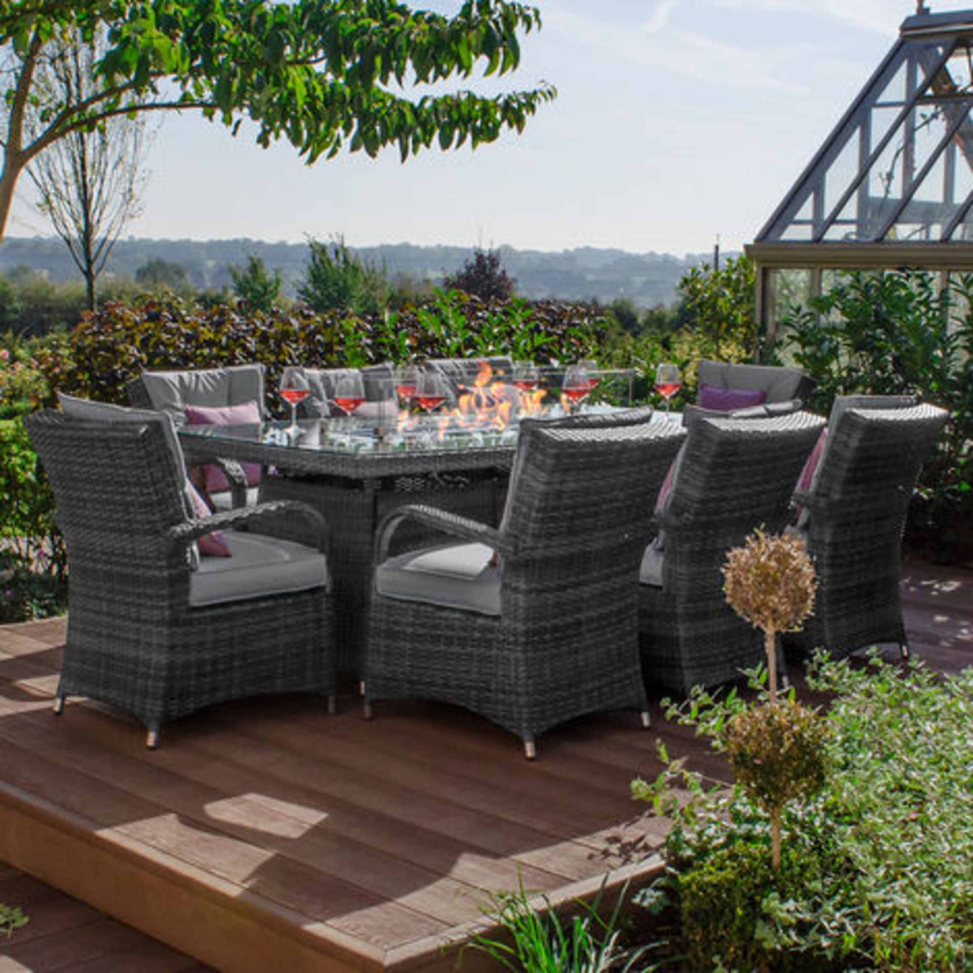 V Brand New Superb 8 Seater Rattan Dining Set With 2m x 1m Table With Center Gas FirePit - Grey