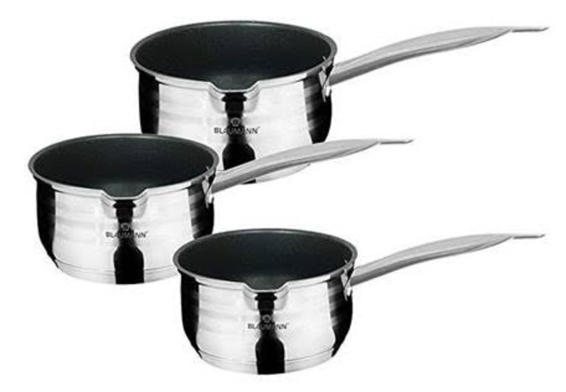 V Brand New Blaumann 3 Piece Set Of Saucepans - High Quality Stainless Steel - 16x8cm 1.6L, 18x9cm