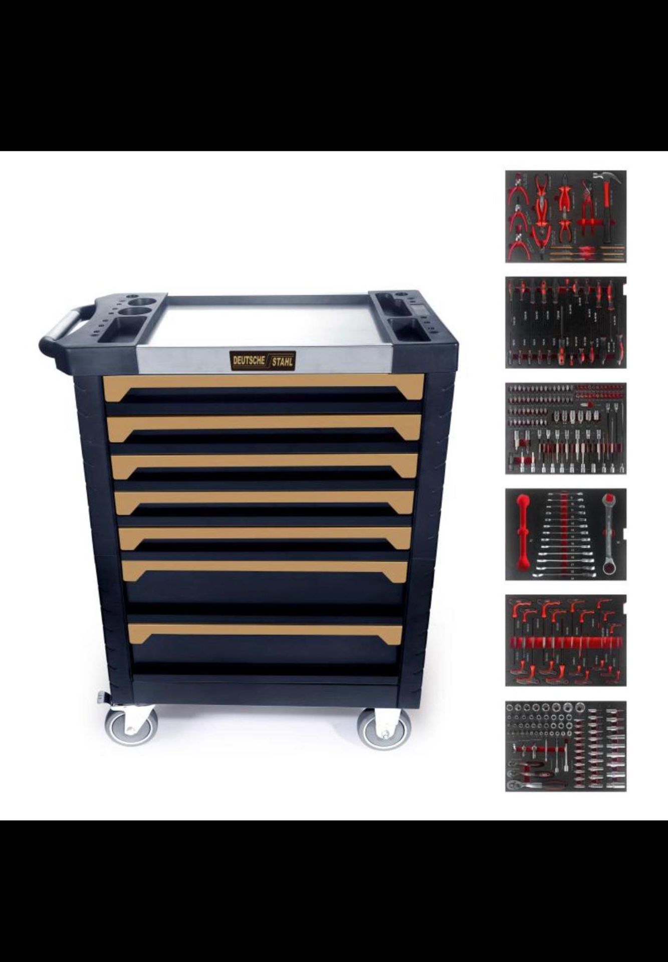 V Brand New Professional Locking Garage Tool Trolley/Cabinet (Red/Blue) with Metal Top and 7 Drawers