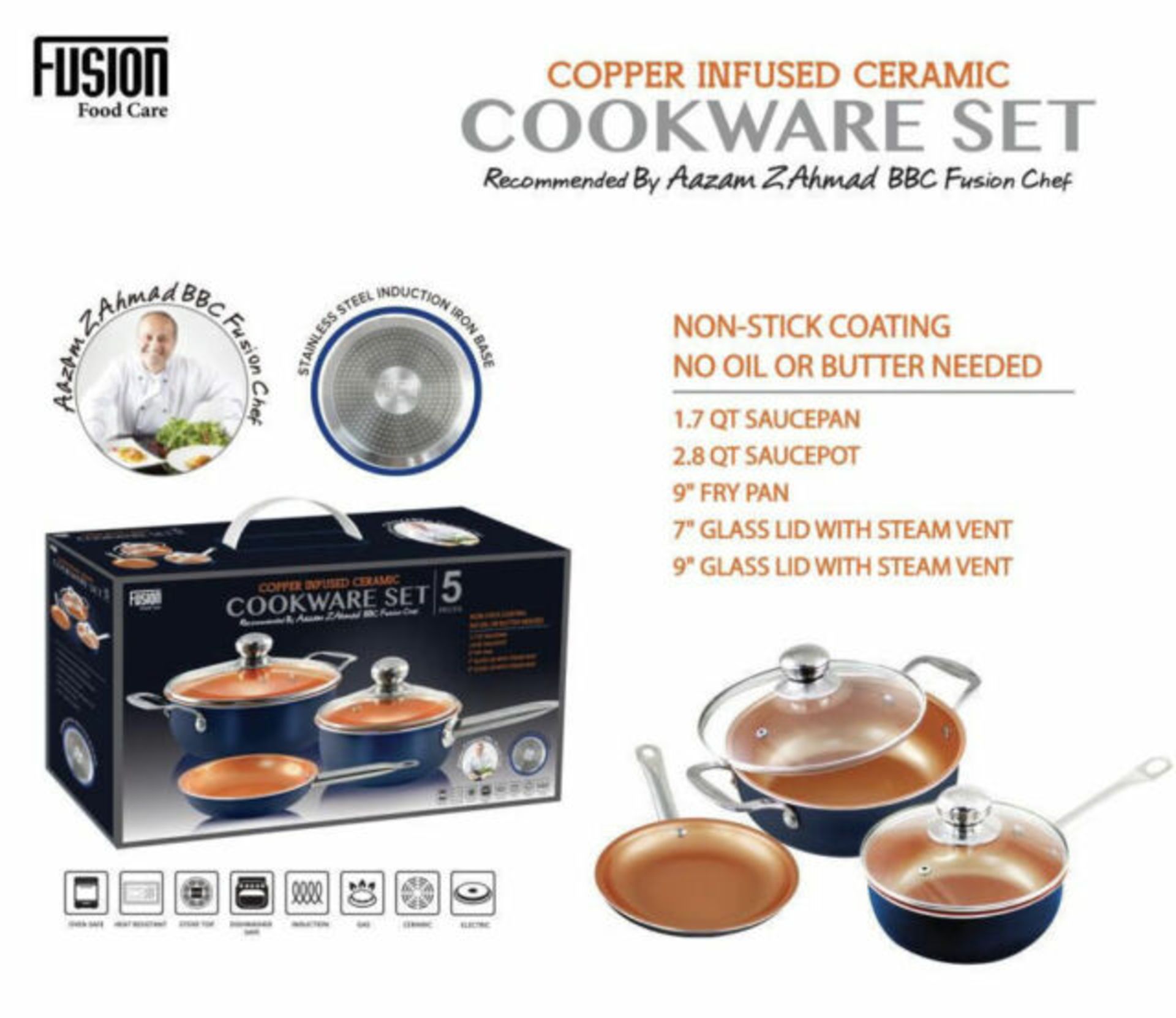 V Brand New Five Piece Copper Infused Ceramic Cookware Set - Non Stick Coating (Also Suitable For