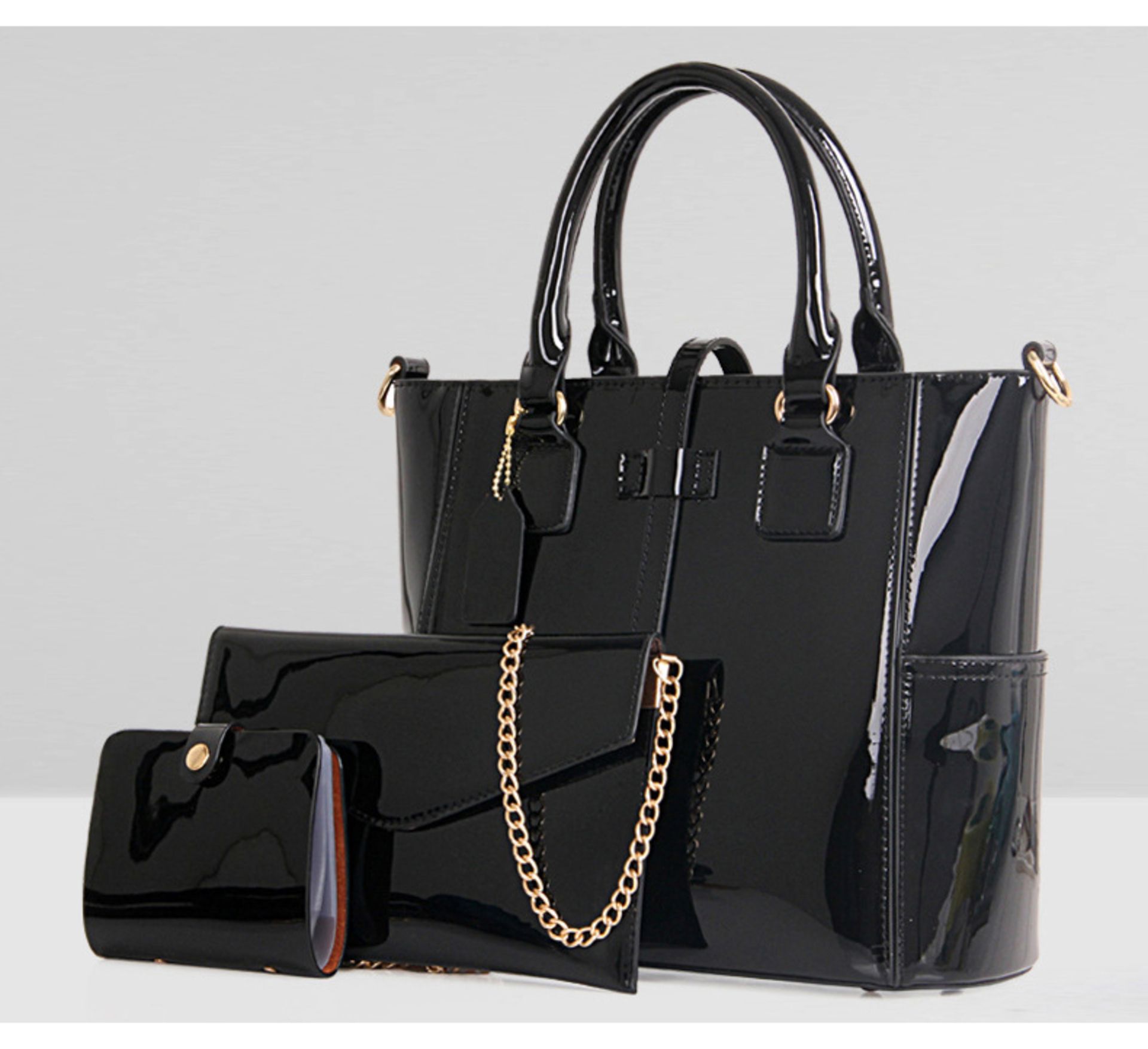 Brand New Black Three Piece Fashion Bag Set Inc Large Handbag / Clutch Evening Bag And Small Card