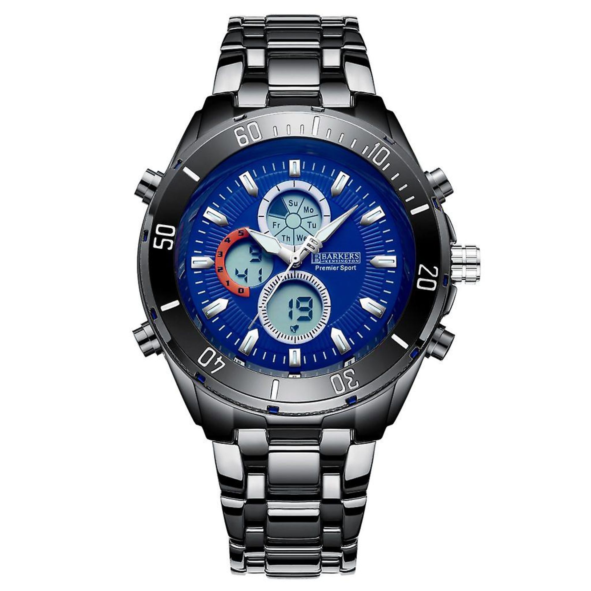 V Brand New Gents Barkers Of Kensington Blue Face Black Bracelet Strap Premier Sport Watch ISP £