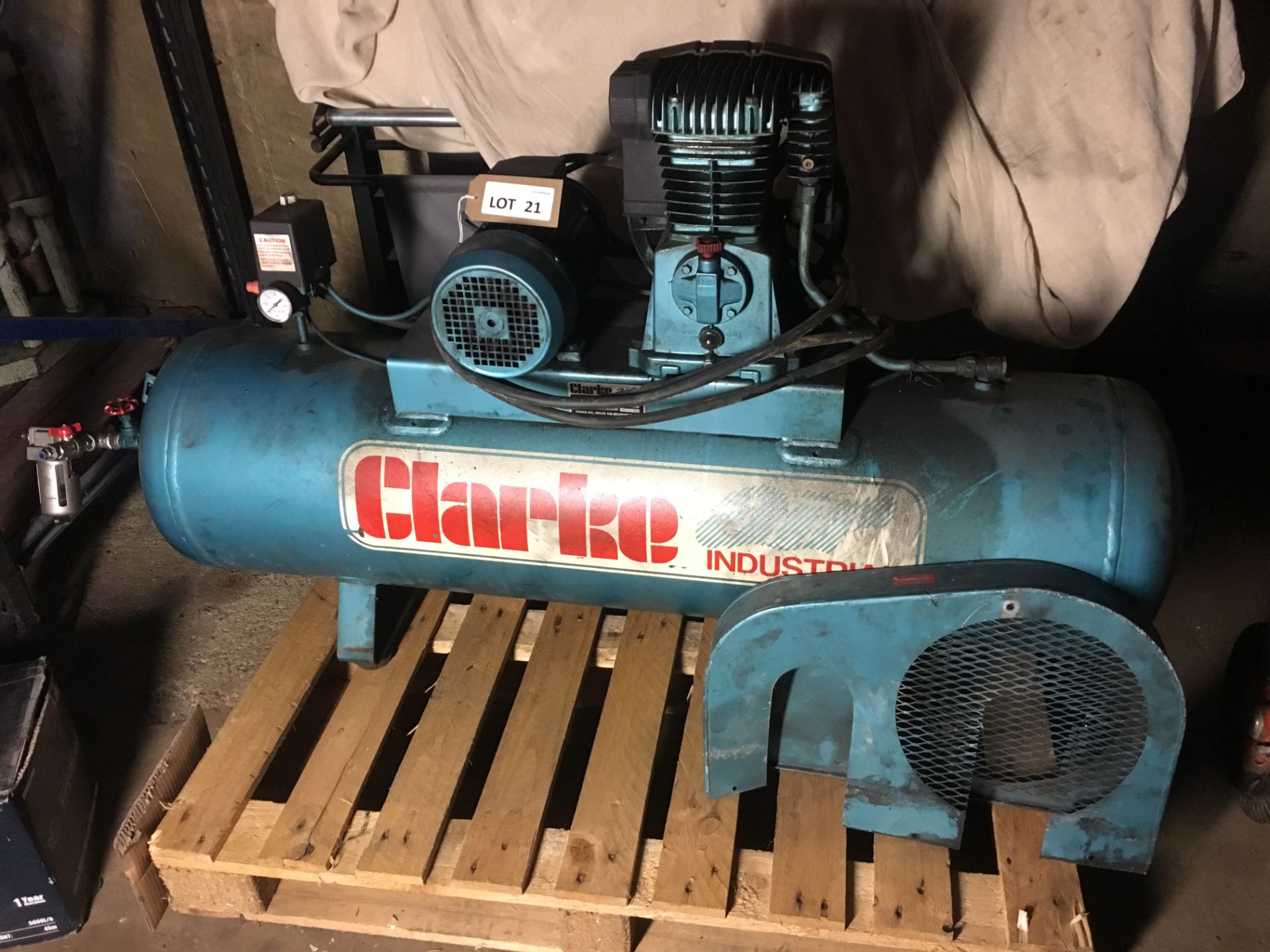 Clarke Air SE15C160 twin cylinder air compressor on horizontal receiver, serial no: 18088 (2000)