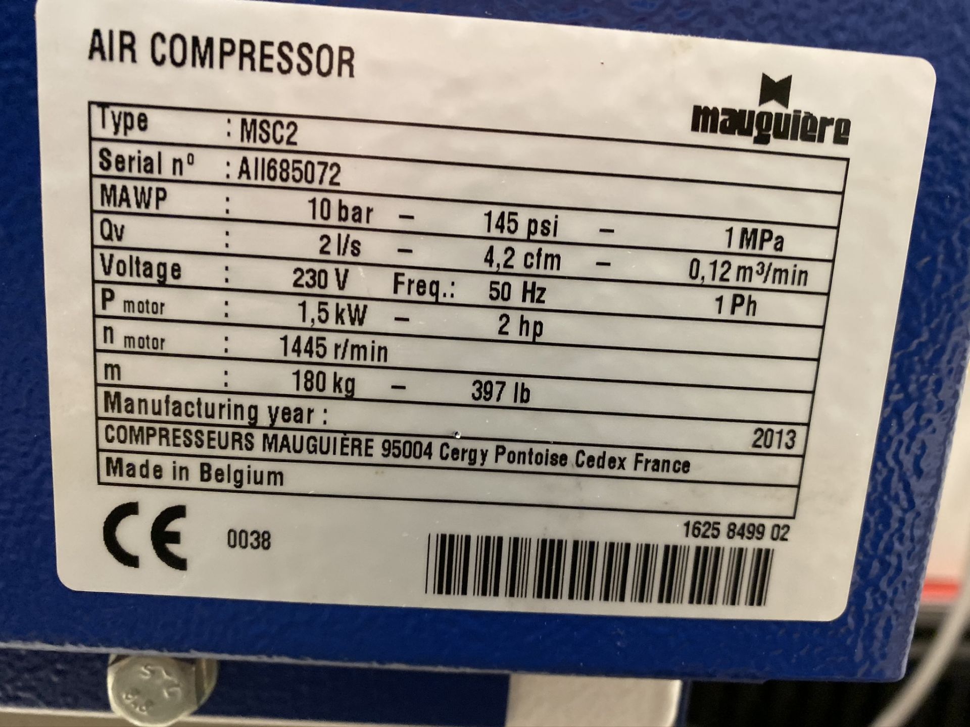 Mauguiere MSC2 air compressor, Serial No: AII685072 (10 bar max wp) (2013 - 99 hrs) - Image 5 of 7