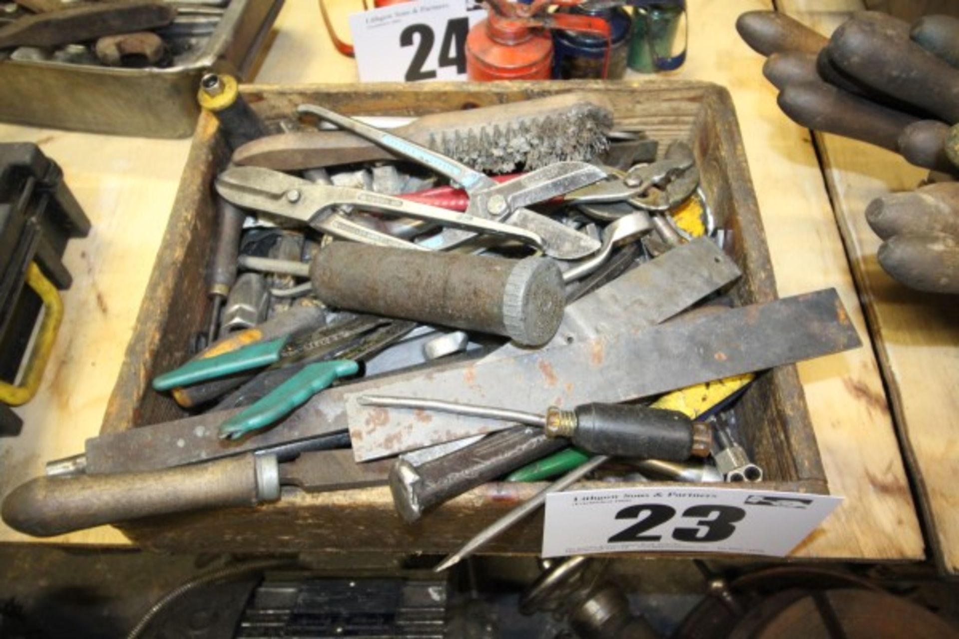 WOODEN BOX & CONTENTS OF VARIOUS HAND TOOLS INC. SPANNERS, FILES & CHISELS